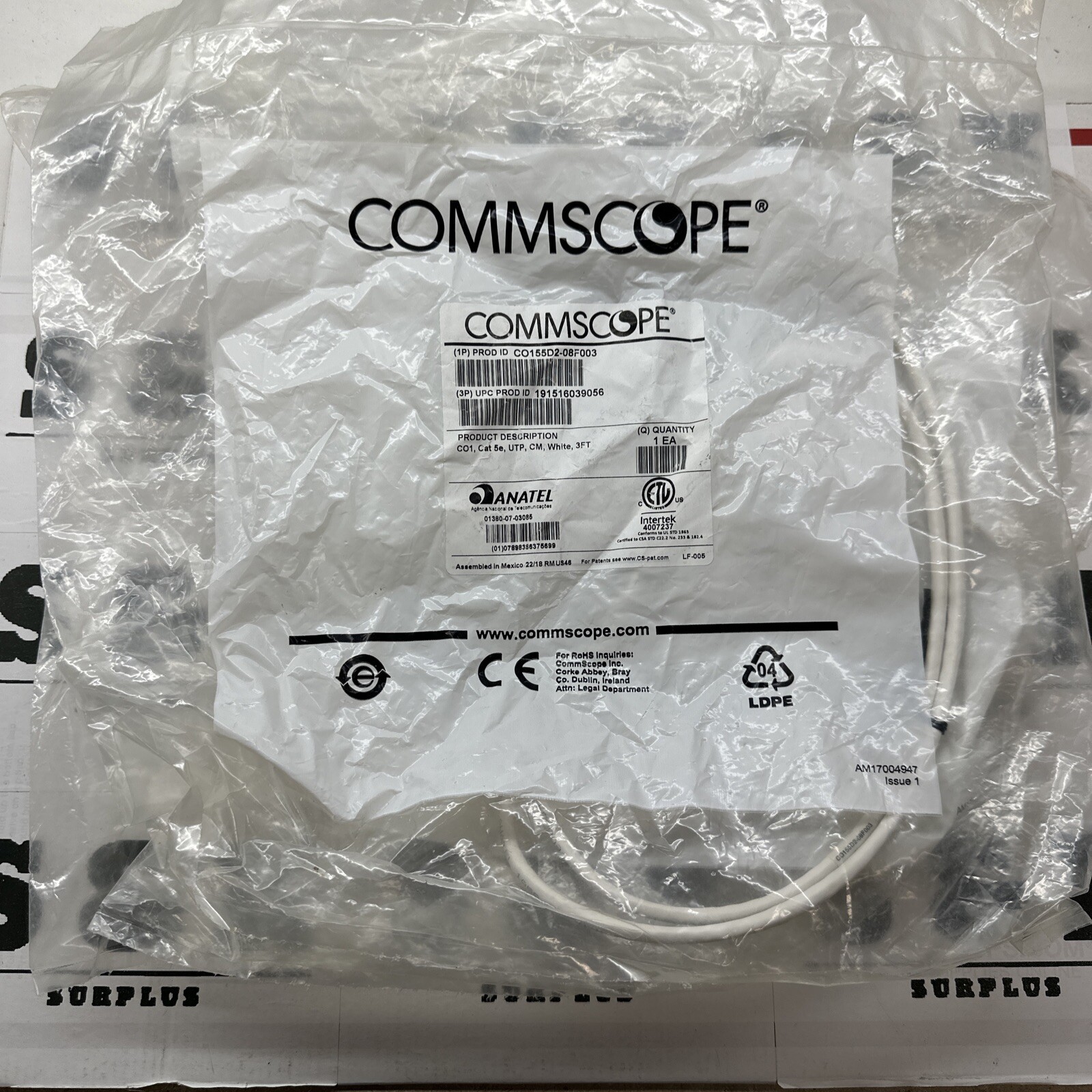 CommScope CO1 Cat 5e UTP CM White 3ft NEW