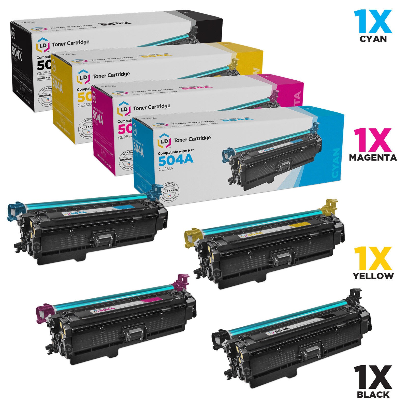 LD Replacement for HP 504X / 504A Toner Cartridges Black, Cyan, Magenta & Yellow