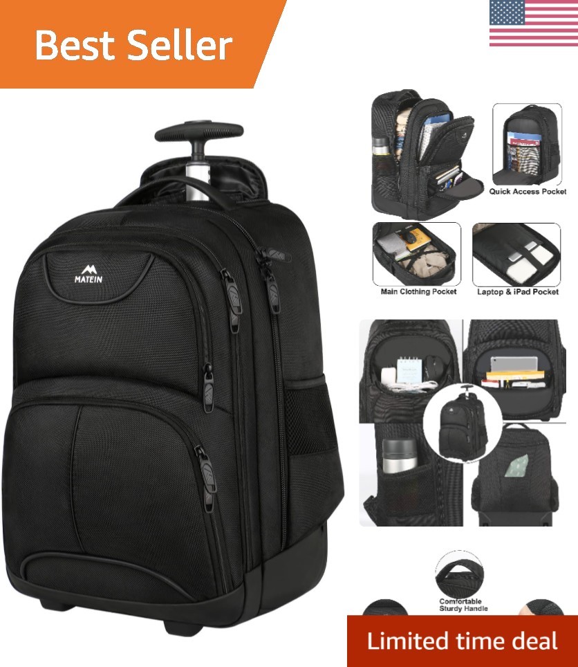 Luxury Black 17-Inch Water-Resistant Rolling Backpack - Ultimate Convenience