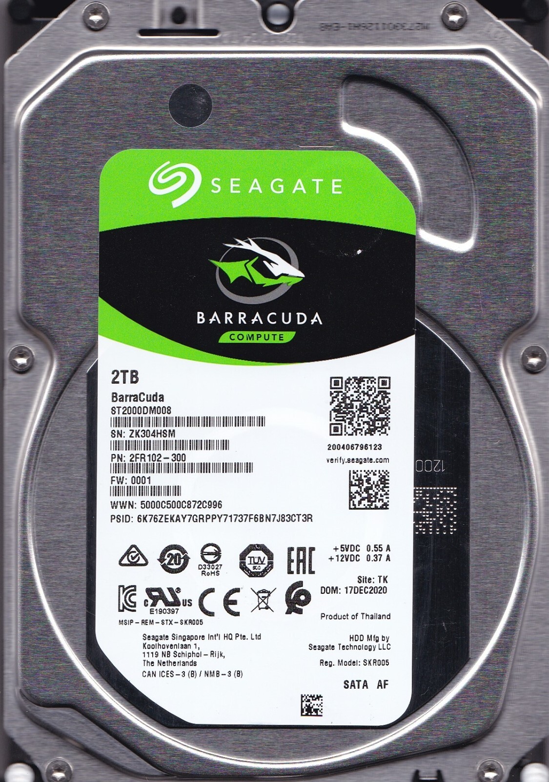 ST2000DM008 pn: 2FR102-300 s/n: ZK3 DEC 2020 fw: 1001 TK 2TB SATA 3.5"  Seagate