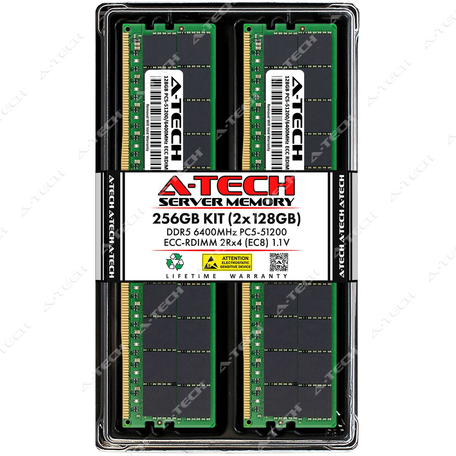 A-Tech 256GB 2x 128GB 2Rx4 PC5-51200R DDR5 6400 MHz EC8 RDIMM Server Memory RAM