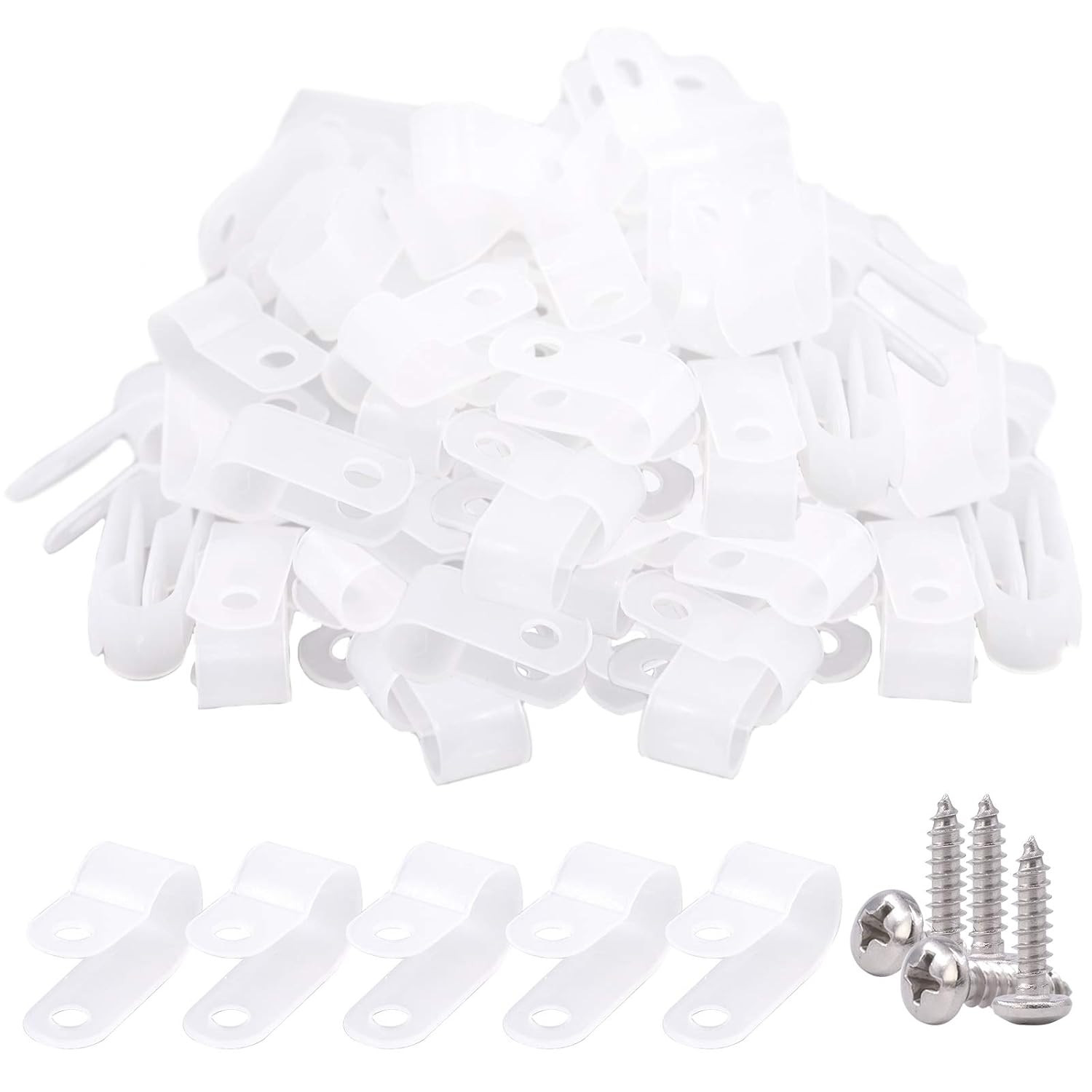 Glarks 120Pcs 3/8 Inch White Nylon Screw Mounting R-Type Cable Clip Wire Clamp w