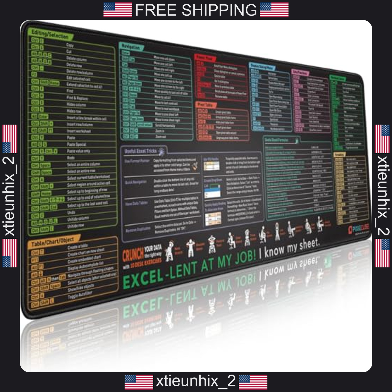 Excel Shortcut Desk Mat 31.5x11.8 Inch Large Mouse Pad with Stitched Edges