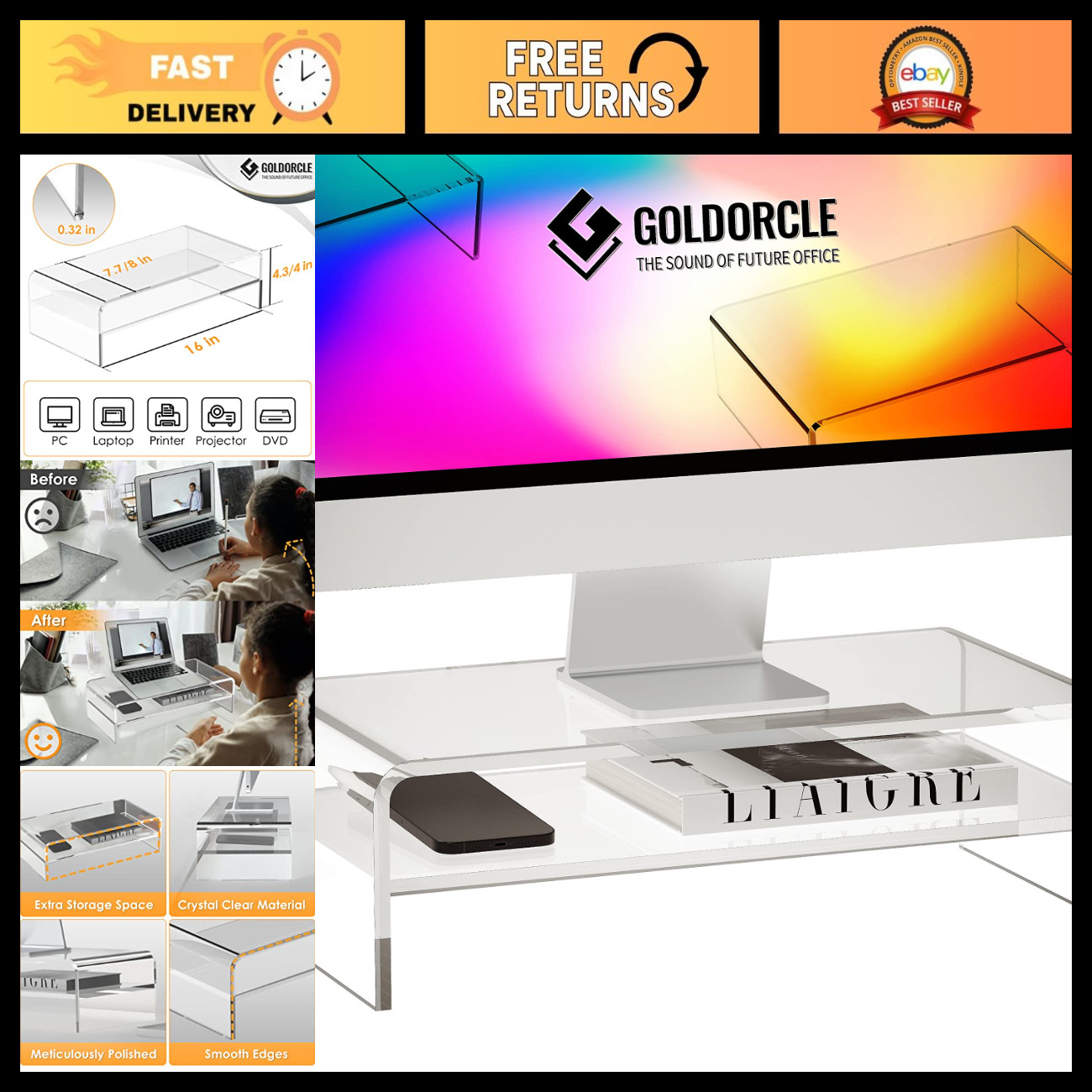 Clear Acrylic Monitor Stand Riser - Large Computer Display Organizer, Desk Space