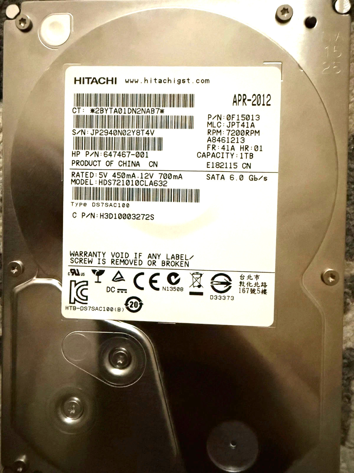 Hitachi 1TB 3.5" Desktop Hard Disk Drive 0F15013 647467-001 HDS721010CLA632