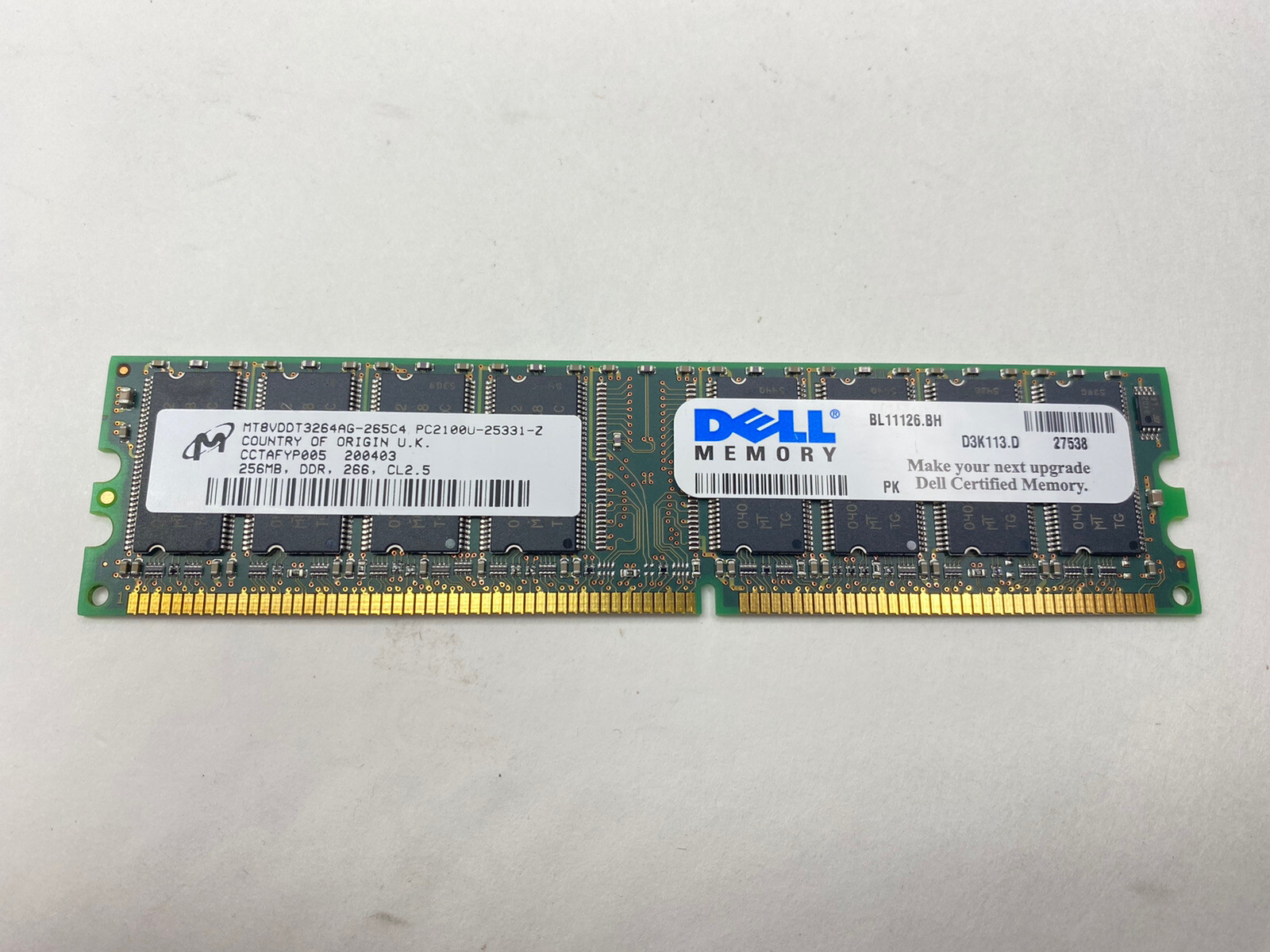 Micron 256MB PC2100 DDR-266MHz ECC Unbuffered CL2.5 184-Pin DIMM Memory Module 
