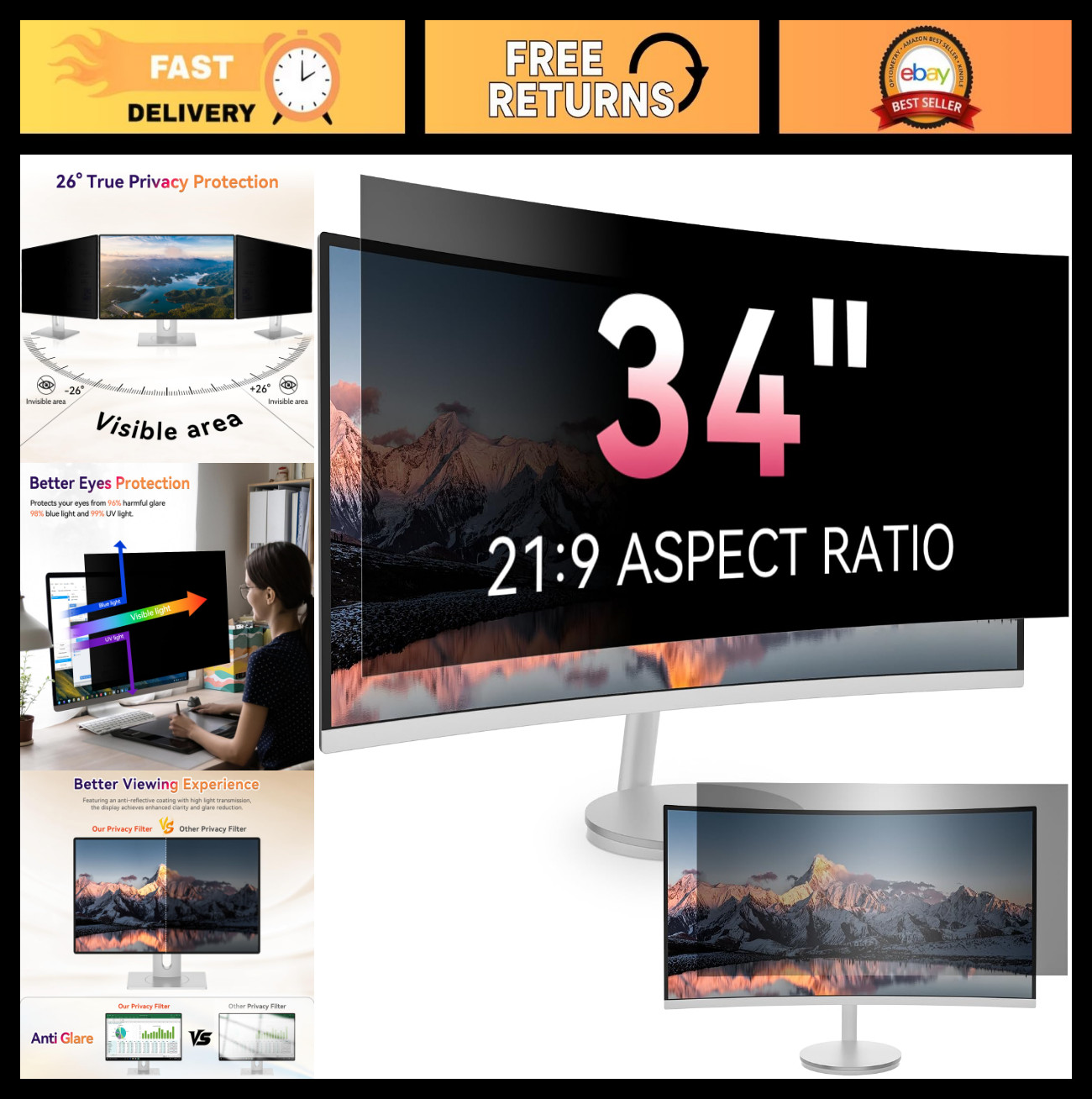 34" Curved Privacy Screen Protector for 21:9 Monitor - Anti-Glare, Blue Light Fi