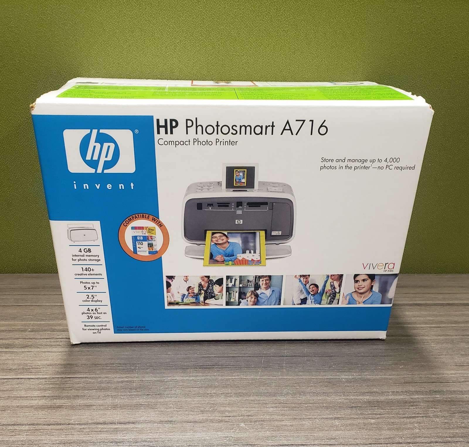 New HP Invent Photosmart A716 Compact Photo Printer Vivera Inkjet 4GB Memory