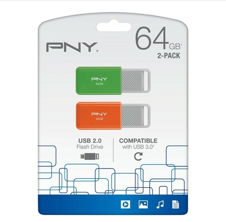 Brand New PNY USB 2.0 Flash Drives, 64GB, Pack Of 2 Drives