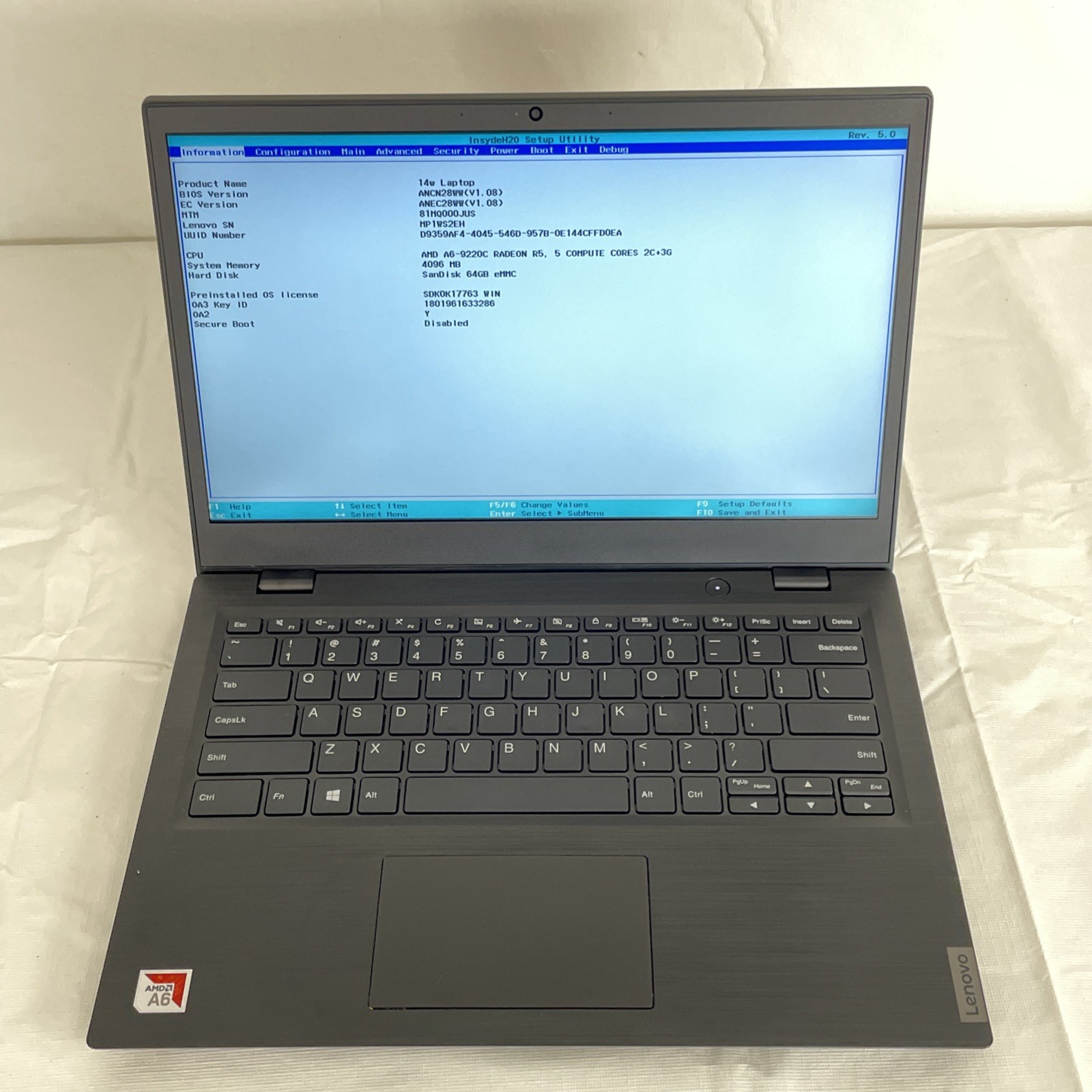 Lenovo 14W Laptop 14" AMD A6-9220C R5 1.80GHz 4GB RAM 64GB eMMC *NO OS*