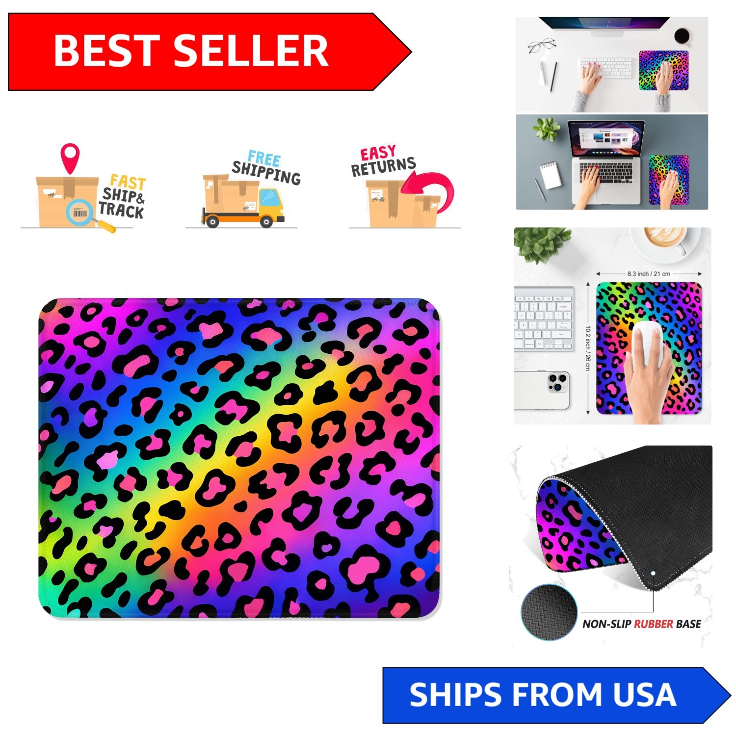 Durable 10.2x8.3 Inch Rainbow Leopard Mouse Pad – Perfect for Office & Play