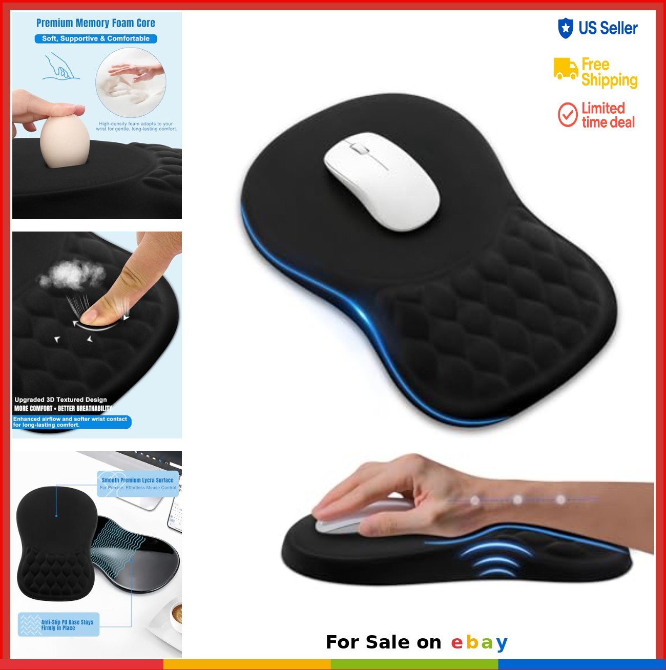 Ergonomic Mouse Pad With Memory Foam Wrist Rest Smooth Lycra Surface Non-Slip