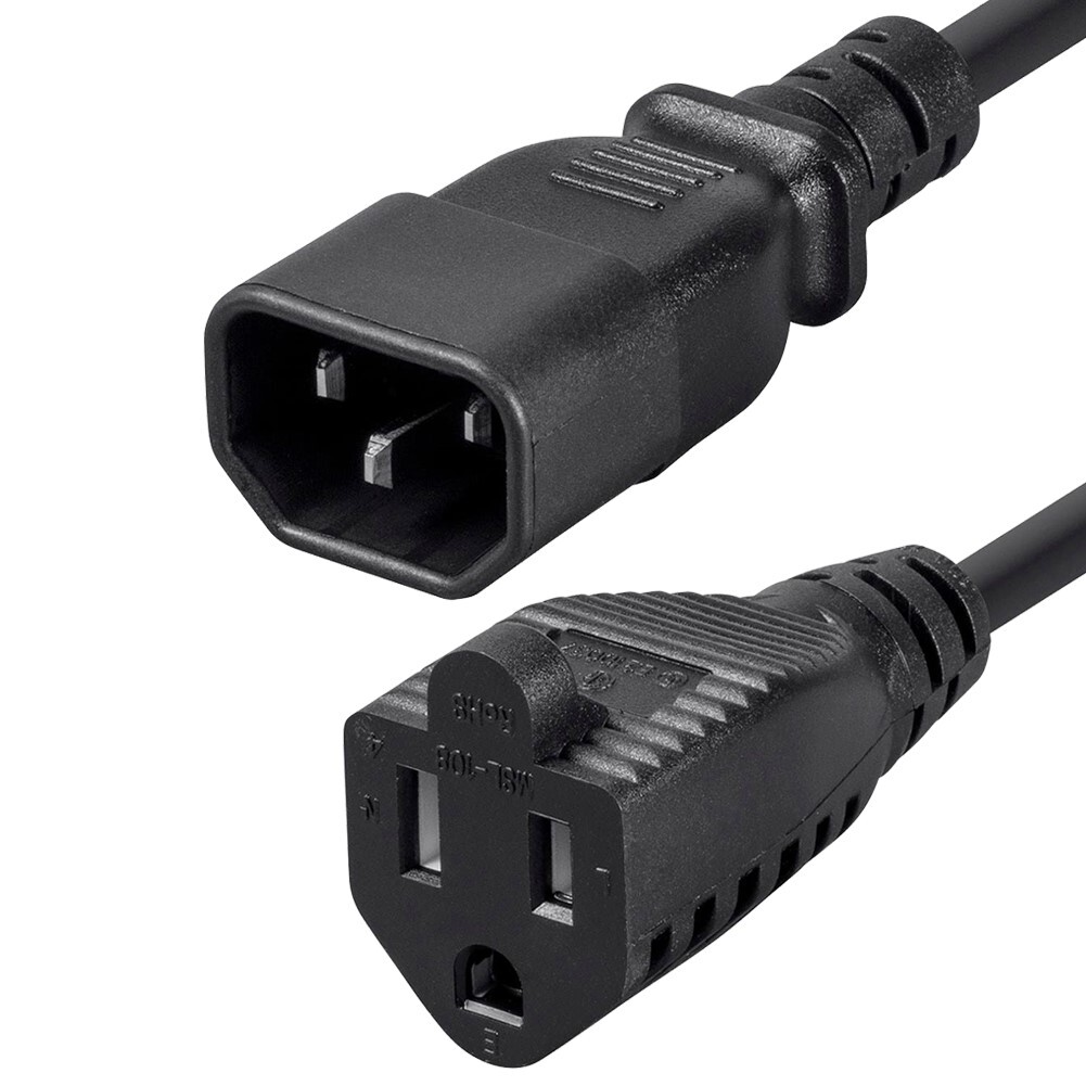 1FT IEC 60320 C14 Male to NEMA 5-15R Female Power Cord Cable 3 Prong 18AWG 10A