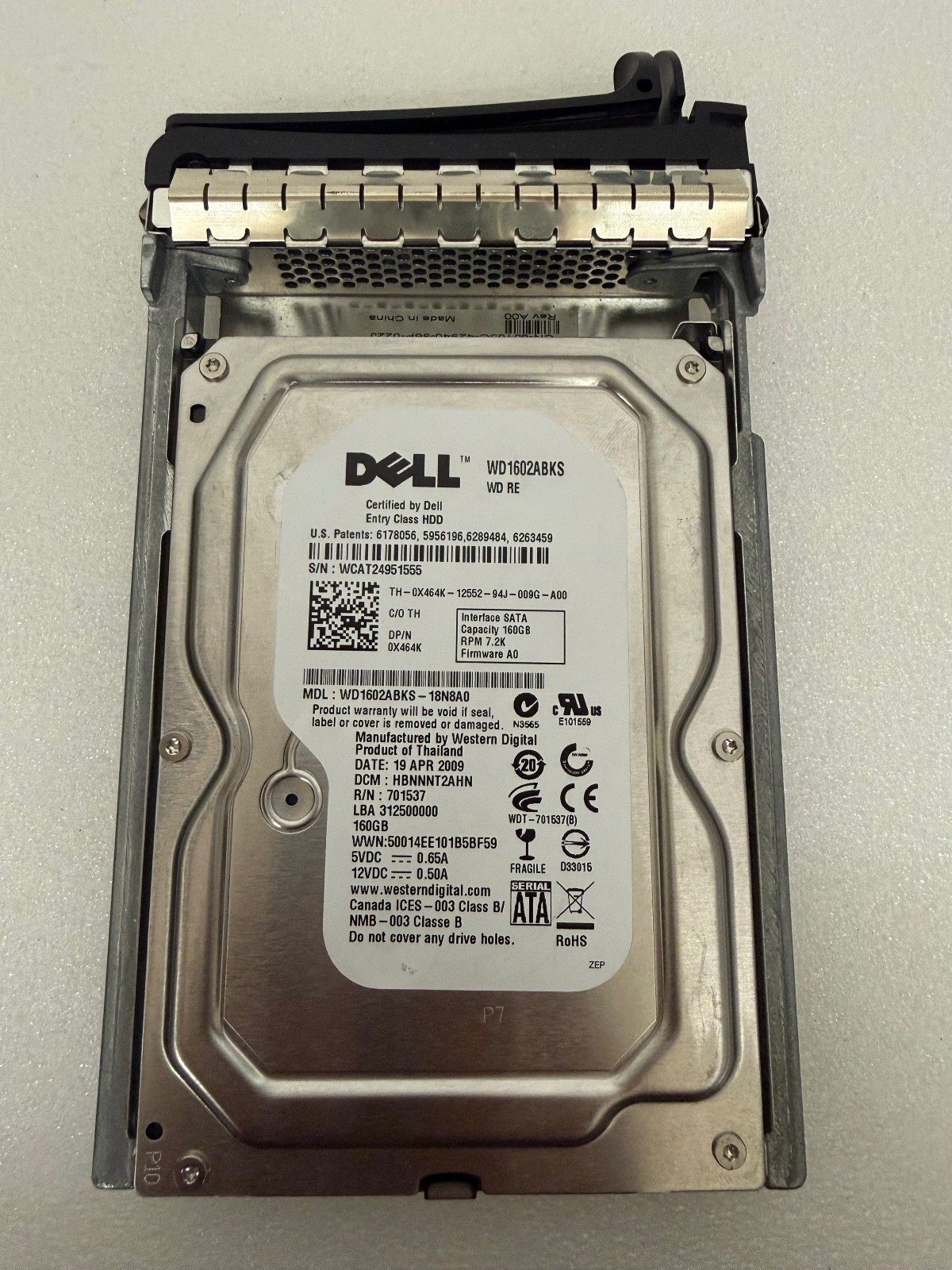 Dell 160GB 7.2K 3.5" SATA HDD WD1602ABKS 0X464K Hard Drive with Caddy Tray
