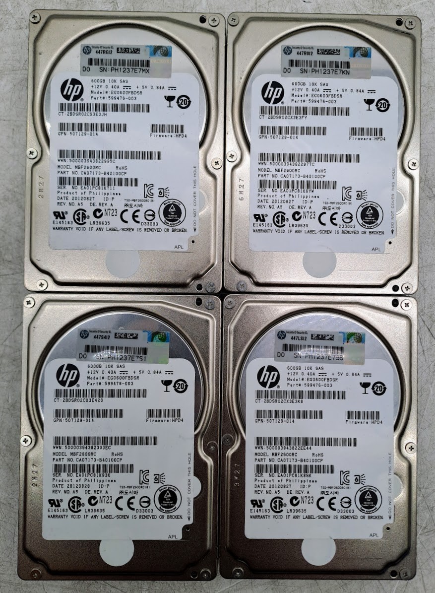SAS-Lot of 4 HP EG0600FBDSR 2.5" SAS HDD 