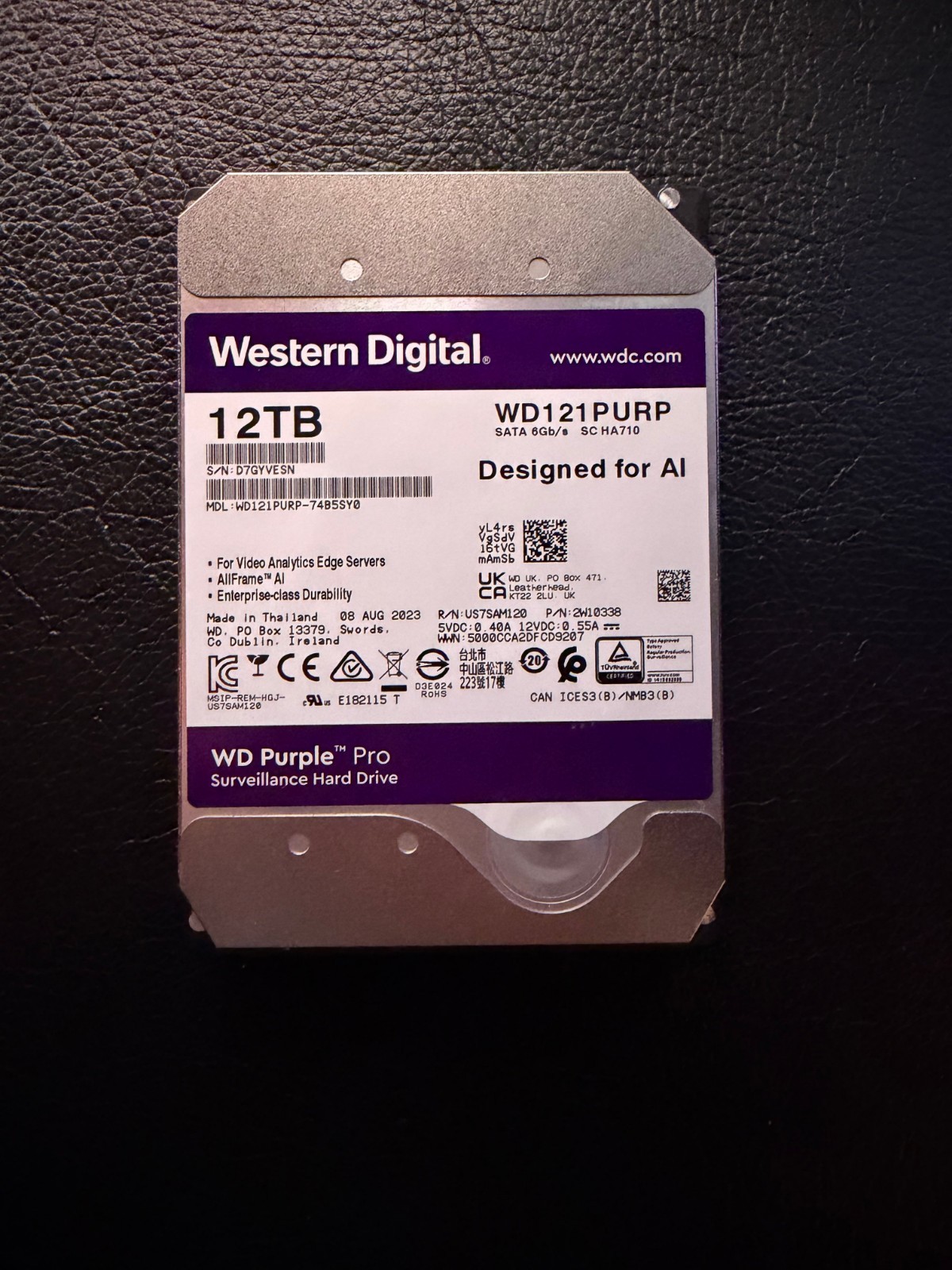 WD Purple Pro 12TB Surveillance HDD WD121PURP 7200RPM 256MB Cache SATA