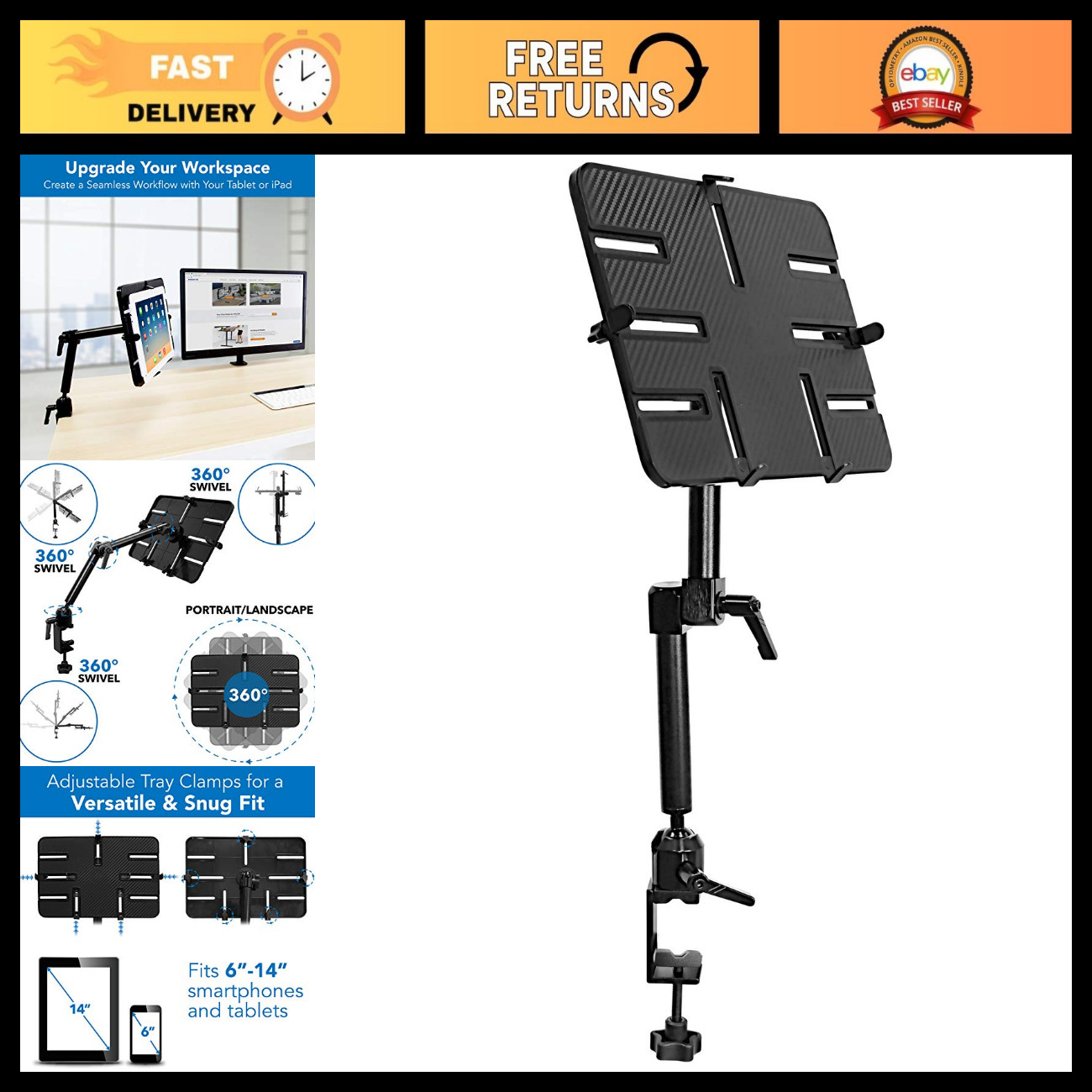 Universal Tablet Pole & Desk Mount with C-Clamp, Full Motion Holder for 6-14" Sc