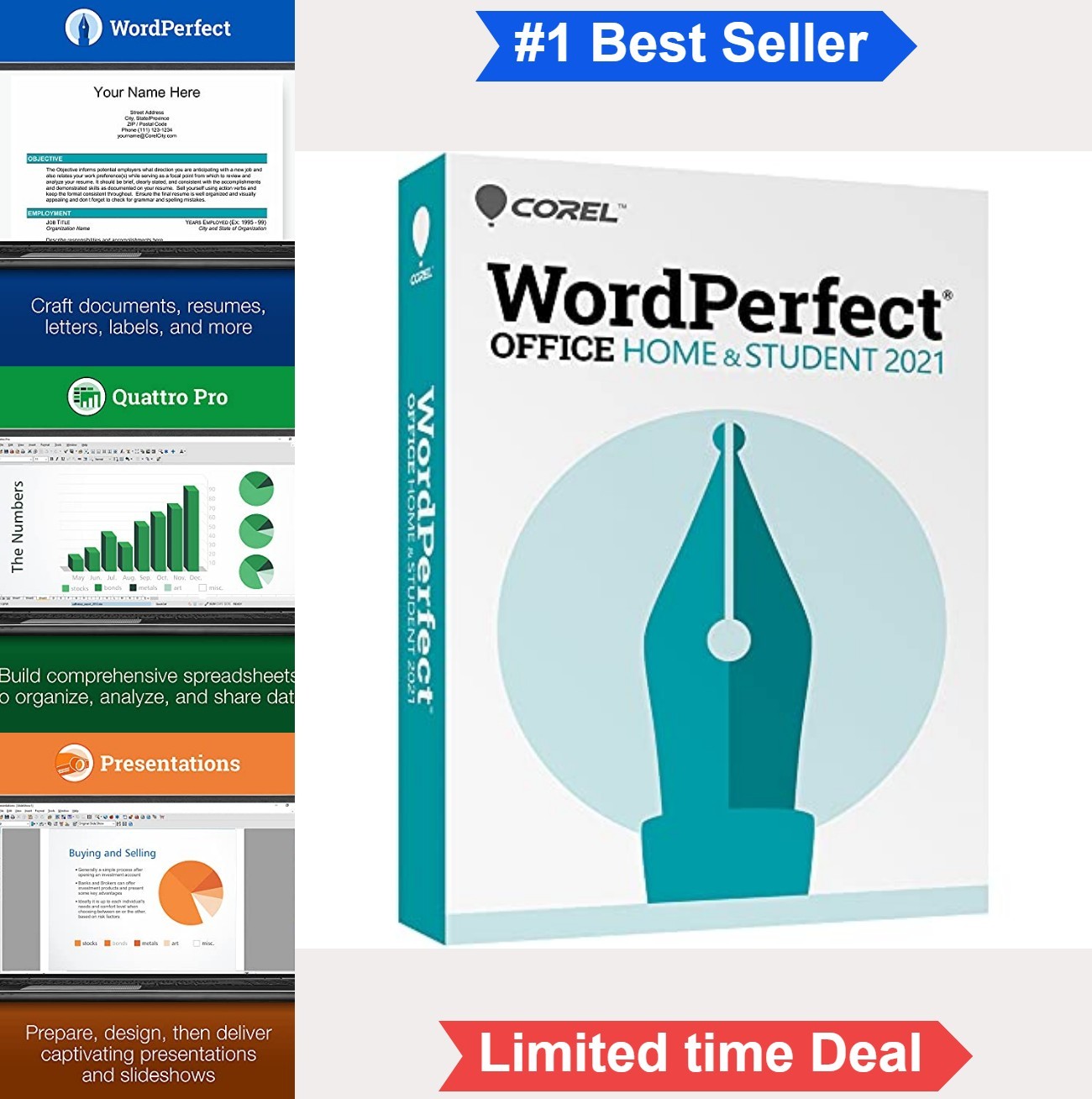 Office Suite 2021 WordPerfect Quattro Pro Presentations PC Disc Word Processor