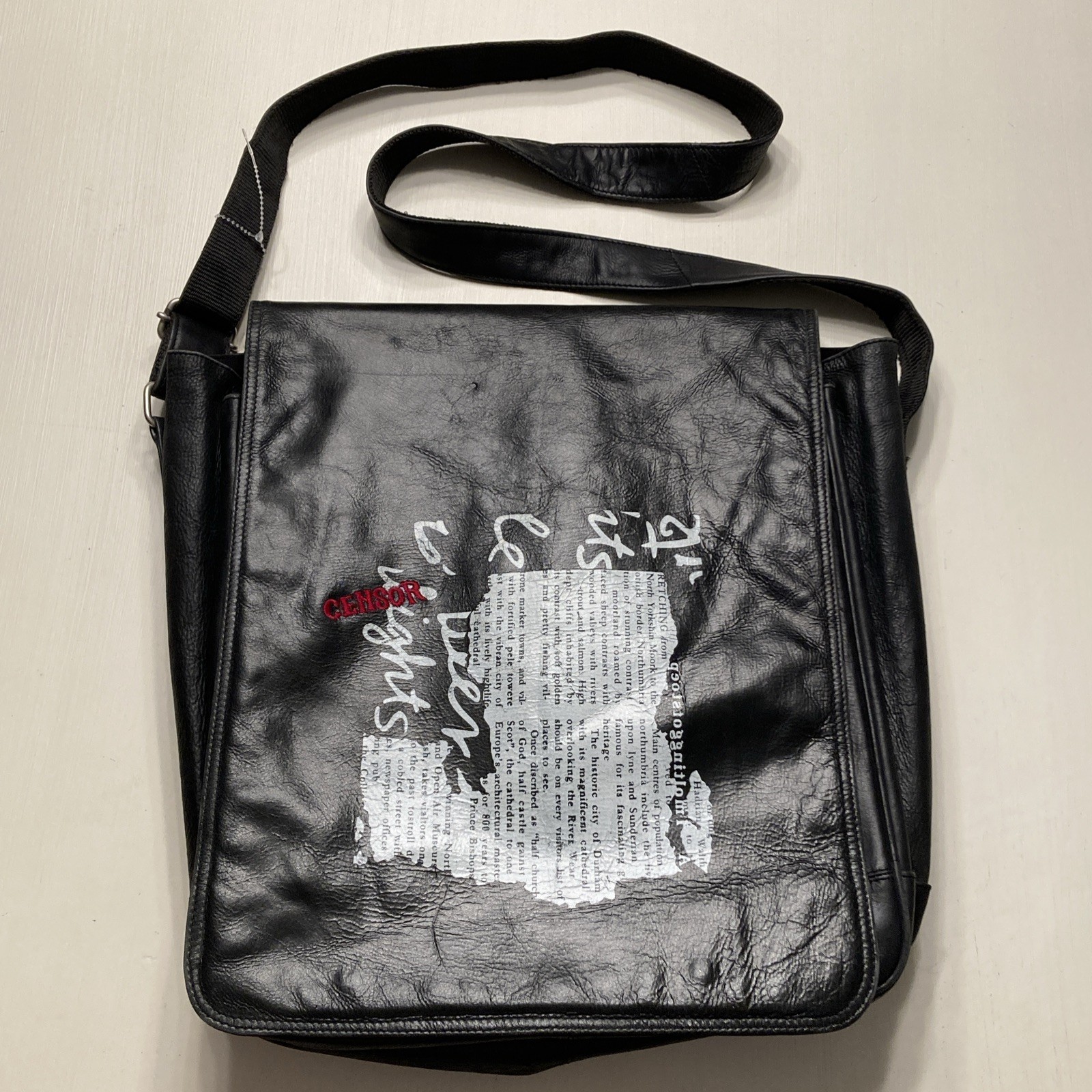 Unusual Wilsons Black Leather M. Julian Embroidered Messenger Bag “Censor” News