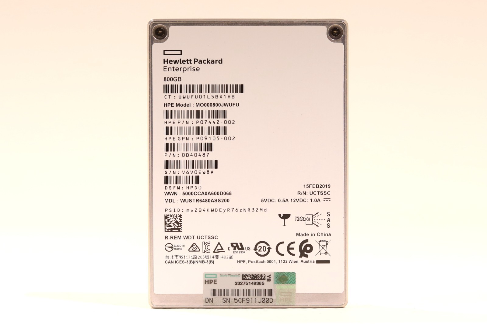 HPE MO000800JWUFU 800GB 2.5" 12Gb/s SAS Solid State Drive P/N: P09105-002 Tested