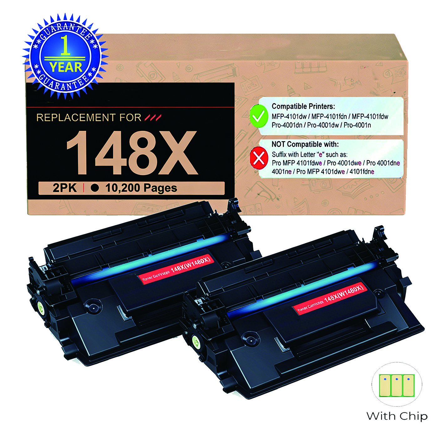 2PK W1480X Toner Cartridge Compatible for HP 148X Pro 4001 MFP 4101 WITH CHIP