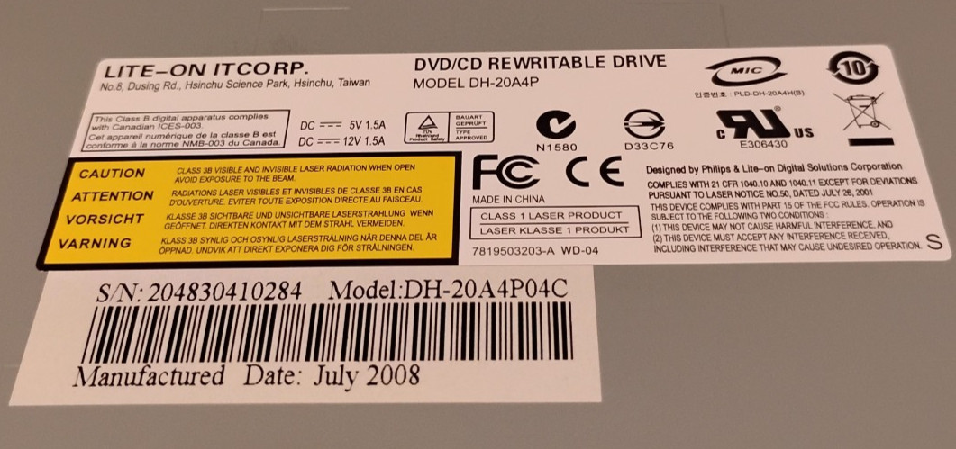 LITE ON IT CORP DVD/CD REWRITABLE DRIVE MODEL DH-20A4P Model: DH-20A4P04C USED