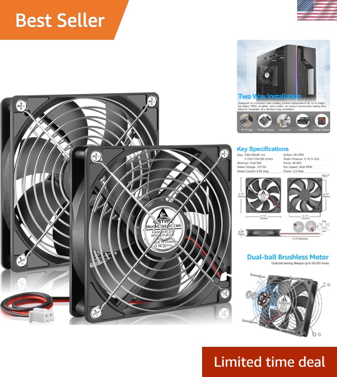 Versatile 2-Pack 12V Cooling Fans for Amplifiers and Ice Makers - Low Noise