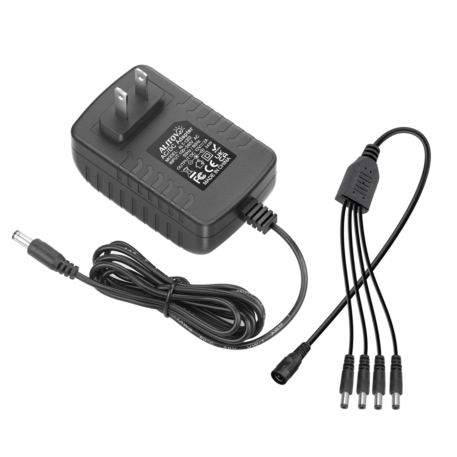 ALITOVE Security Camera Power Supply Adpter 12V 2A with 4 (4-Way), Black 