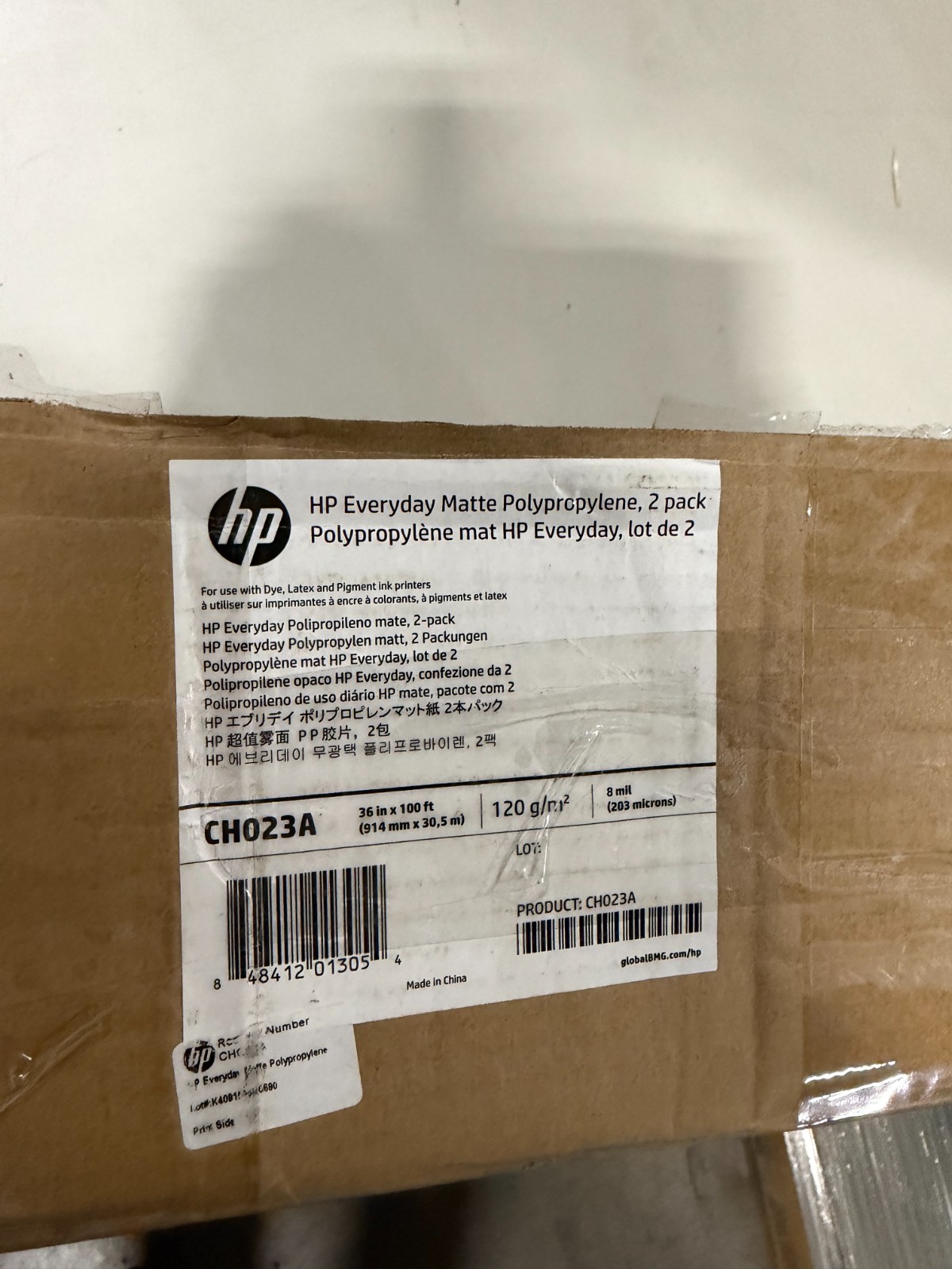 HP CH023A Matte poly roll, 2" core, 8 mil 36" x 100ft, white 2/pack