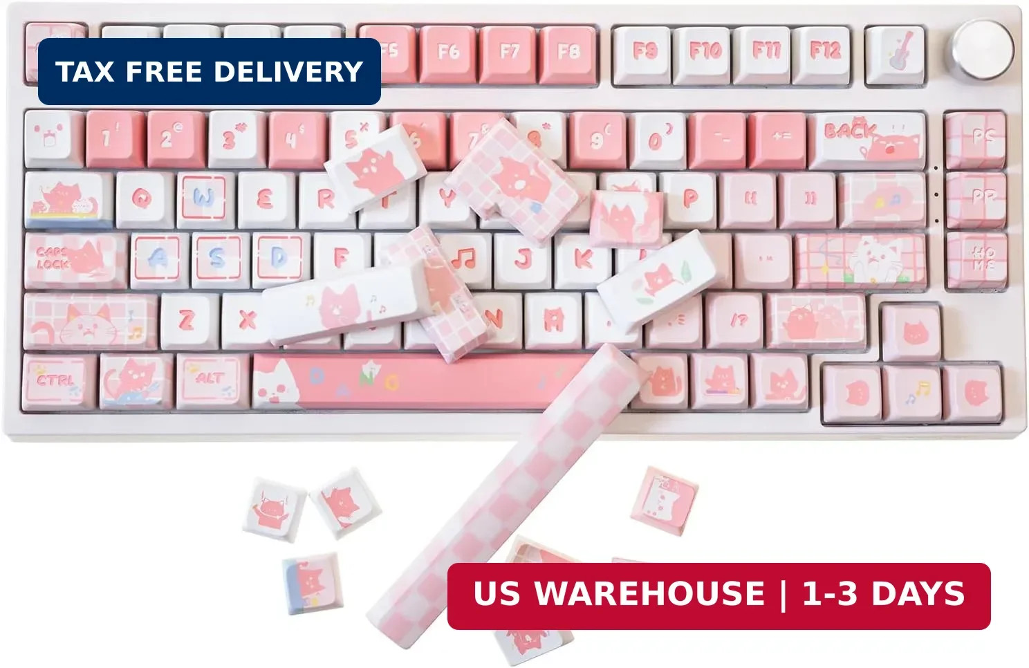 Cute Pink White Cat Keycaps Set, MDA Profile PBT Keycaps - 137 Keys for Keyboard