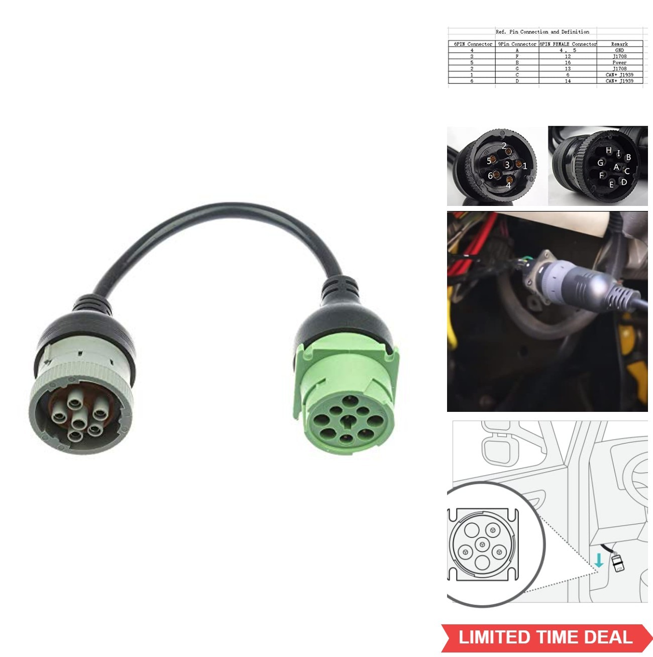 J1939 to J1708 Adapter Cable 1 Foot 6 Pin to 9 Pin Truck ECM Connector