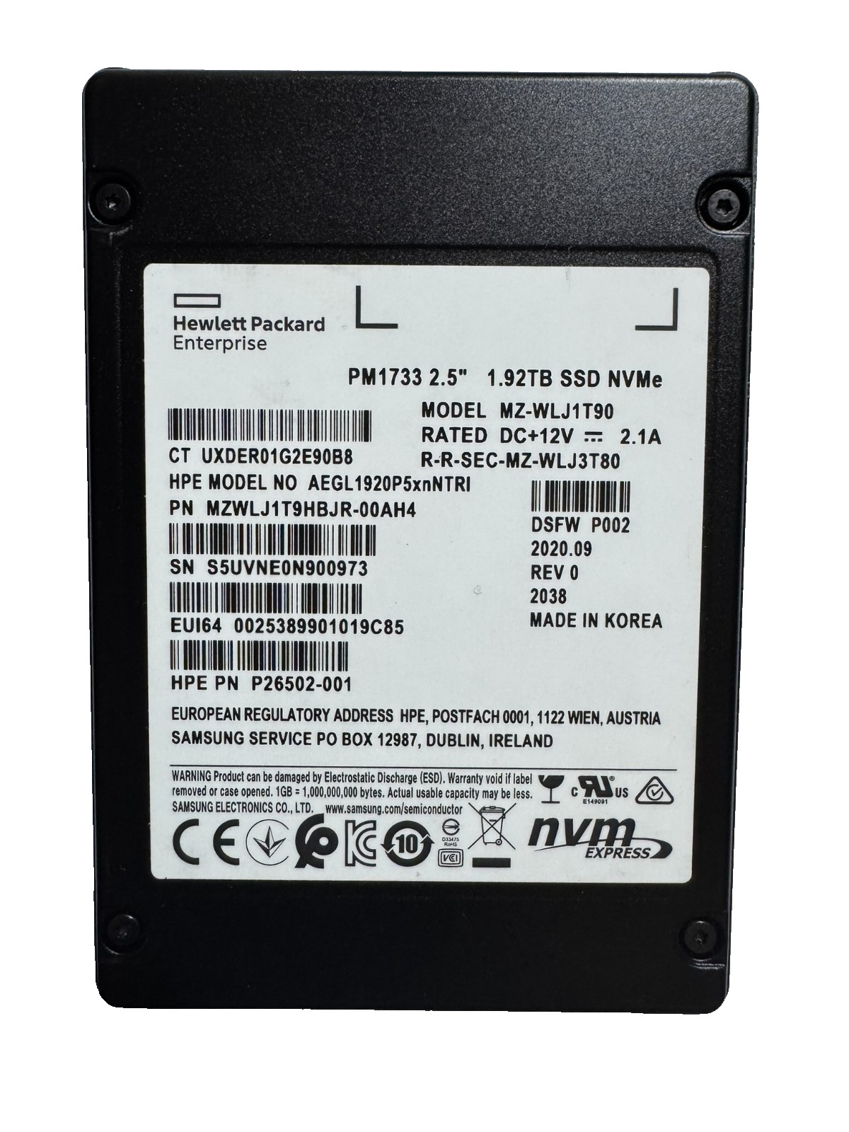 HPE Samsung PM1733 1.92TB 2.5" PCIex4 NVMe U.2 SSD/Perfect 100% HEALTH