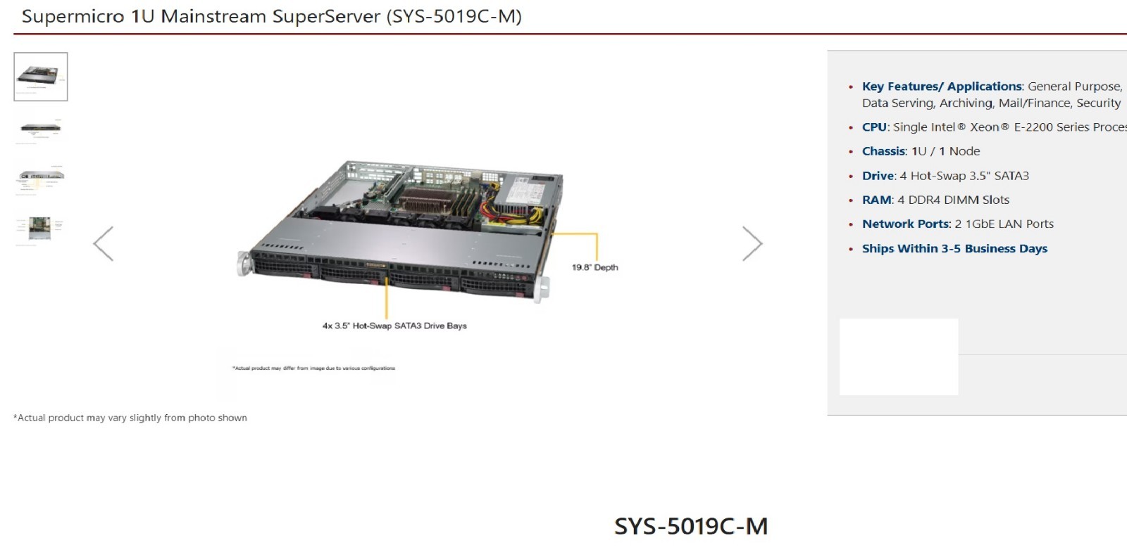 Supermicro 1U X11SCM-F Server Xeon E-2224 3.4Ghz 32GB RAM M.2 NVME 1x Caddy