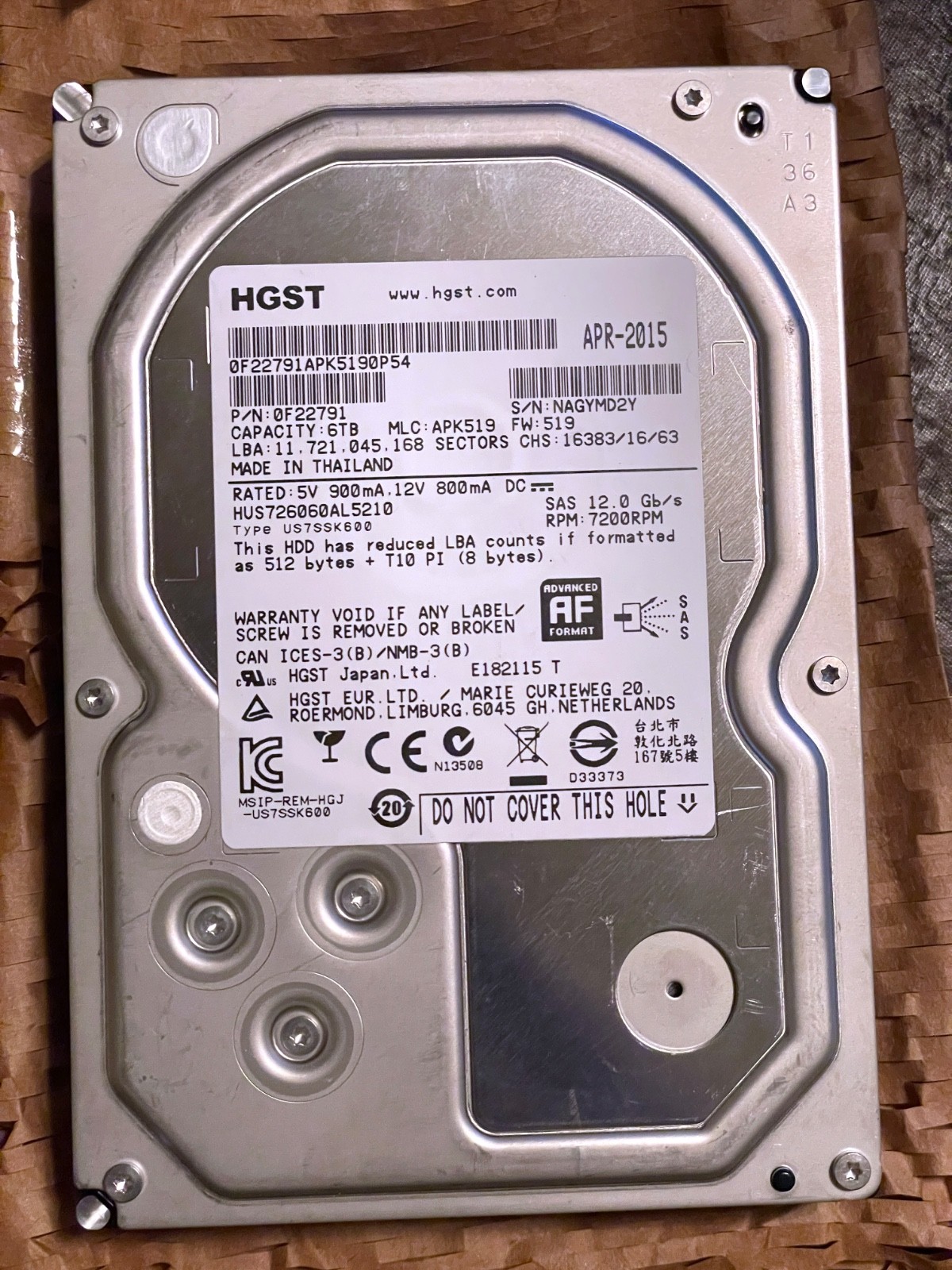 HGST Ultrastar 6TB SAS 12Gb/s 3.5" HDD HUS726060AL5210 0F22791 Data Recov Donor