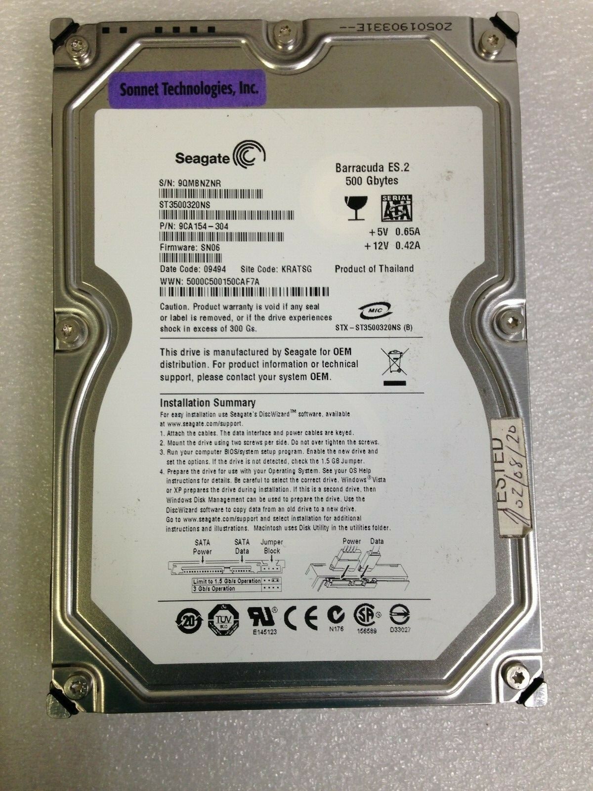  Seagate ST 3500320NS 9CA154-304  SATA 500GB  3.5'' Hard DriveTested