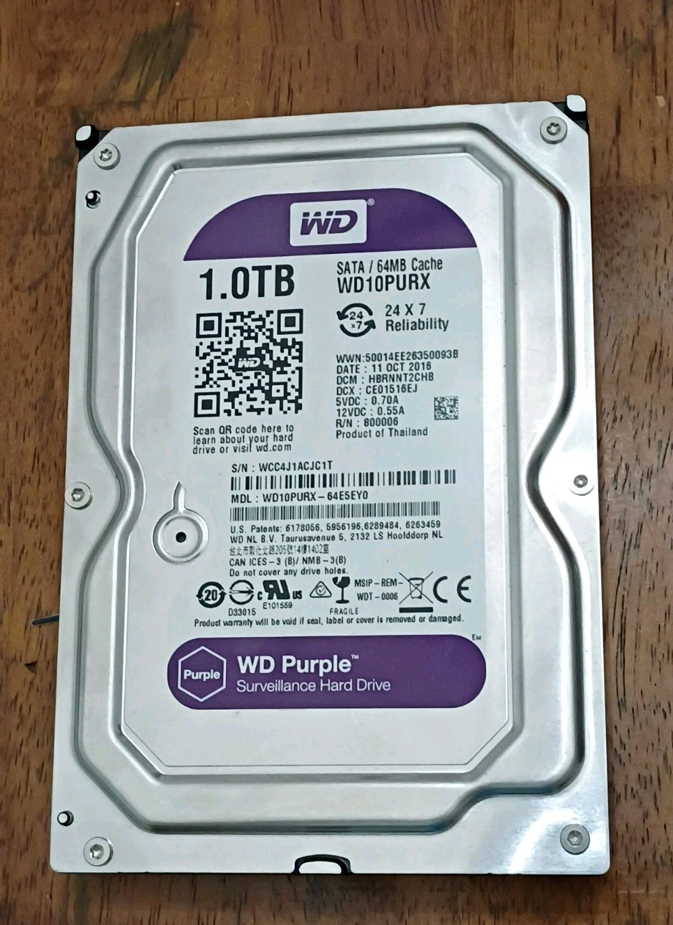 Western Digital WD Purple WD10PURX 1TB 3.5" SATA 6Gb/s 5400RPM 64MB