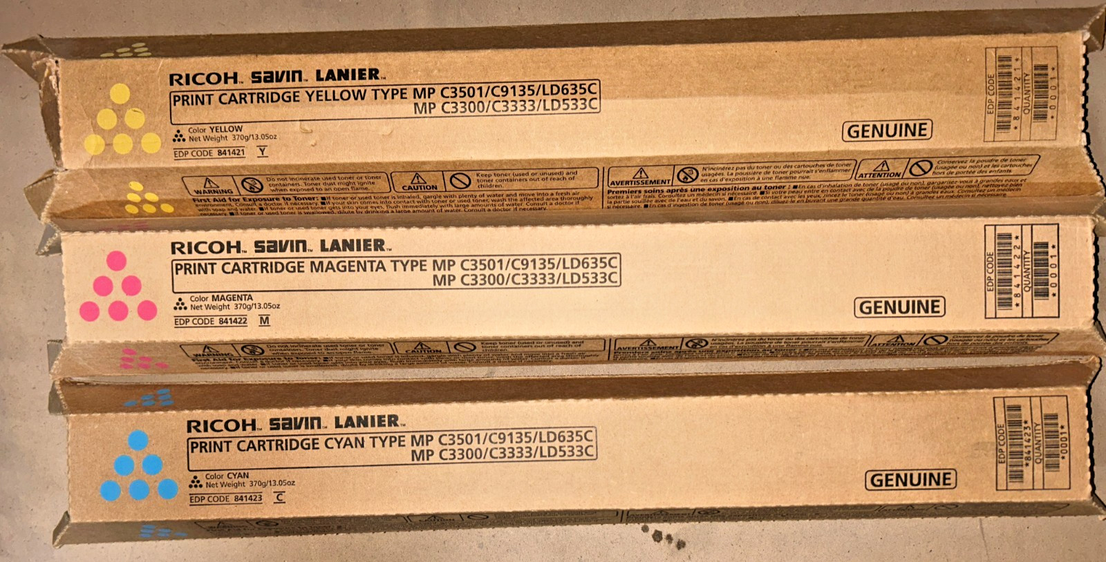 Set of Genuine Ricoh 841421 Yellow + 841422 Magenta + 841423 Cyan Toners