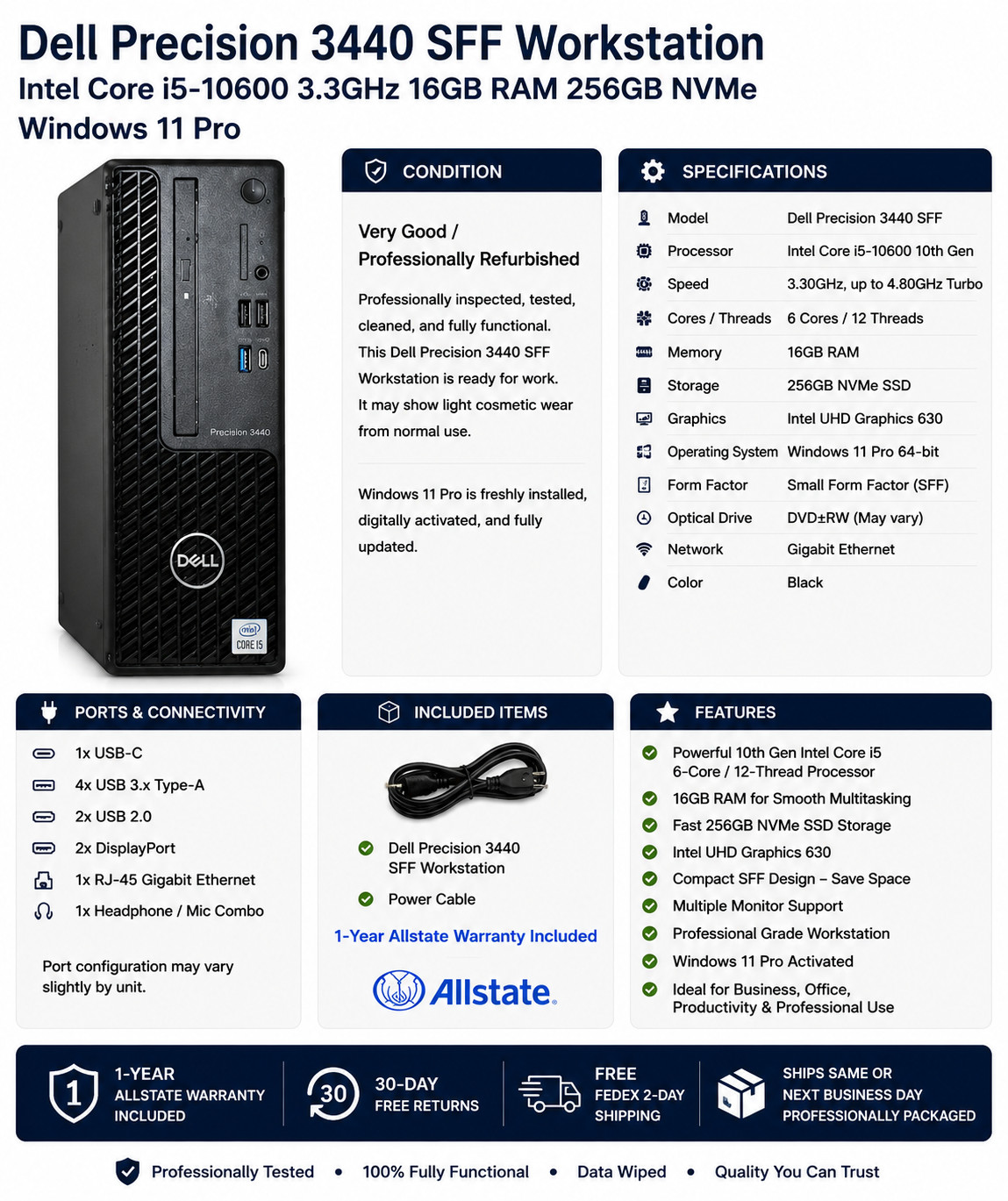 Dell Precision 3440 SFF Intel Core i5-10600 16GB 256GB NVMe SSD Win 11 Pro