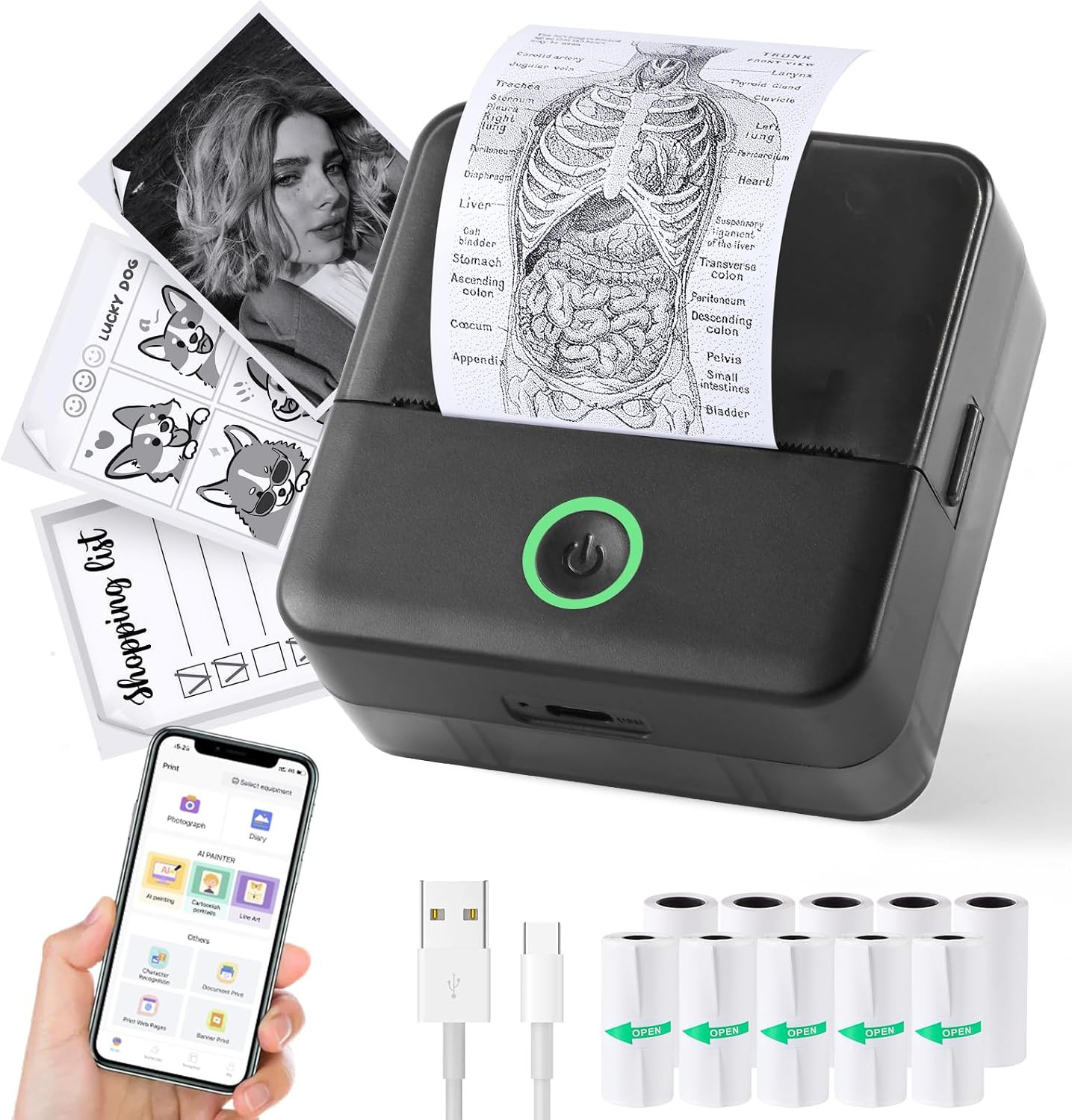 Mini Sticker Printer, X6 Print Pod with 10 Rolls Thermal Paper