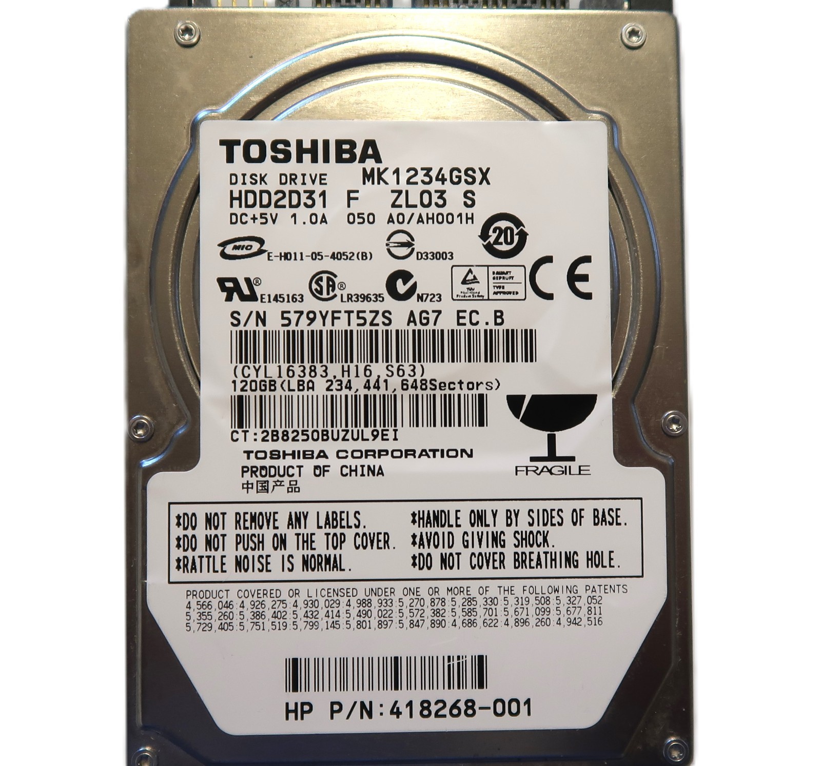 Toshiba MK1234GSX (HDD2D31 F ZL03 S) 010 A0/AH001H China Sata 120gb 2.5" HDD