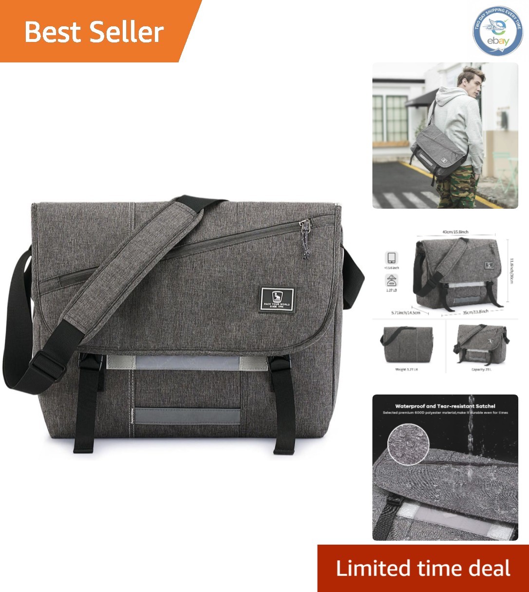 Elegant 15.6-Inch Water-Resistant Messenger Bag with Adjustable Shoulder Strap