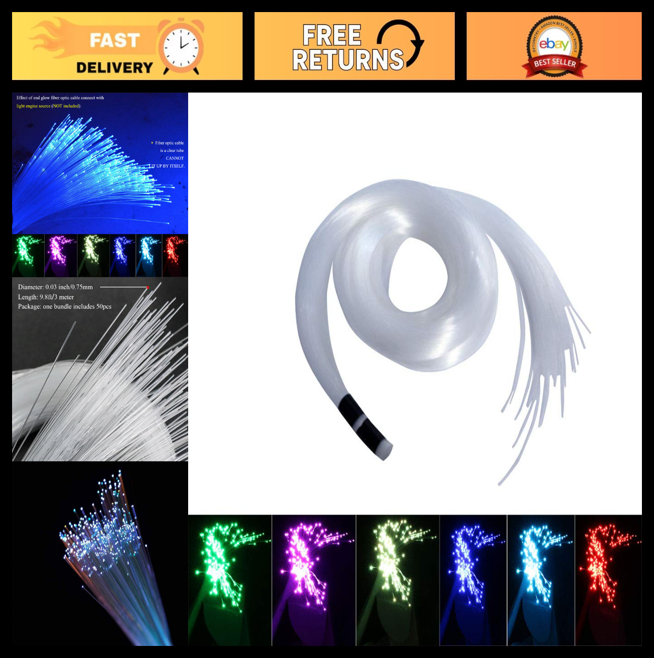 50pcs Fiber Optic Light End Glow Cable 9.8ft PMMA for LED Star Ceiling Kit