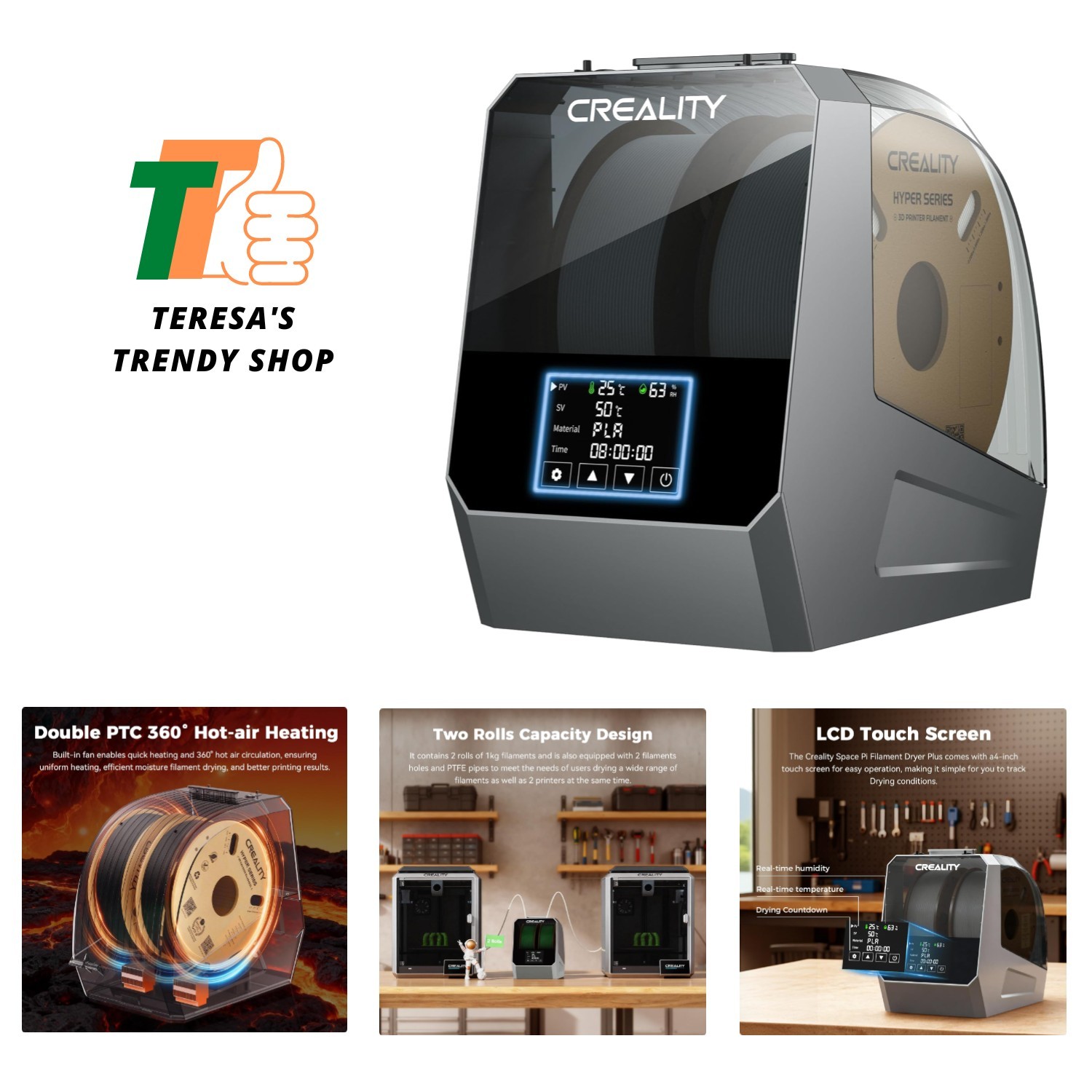 2026 New Official Space Pi Filament Dryer Plus, 2 Spools Double 360° 160W PTC...