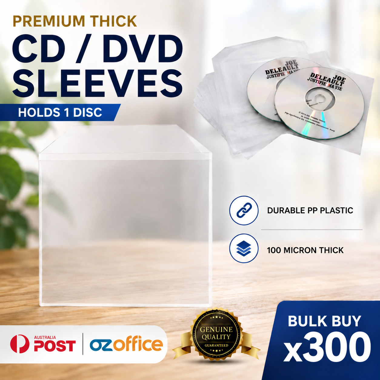 PREMIUM 300 x CD DVD Clear Plastic Sleeves with Flap - Holds 1 Disc Mailer 100um