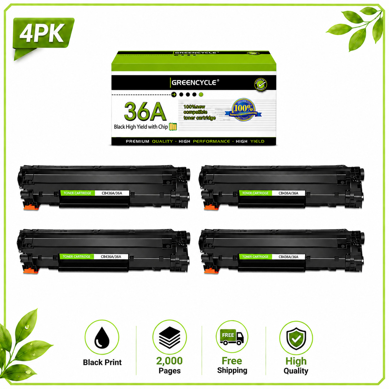 4PK CB436A Toner Cartridge Fits For HP 36A LaserJet P1505 M1522N M1522NF
