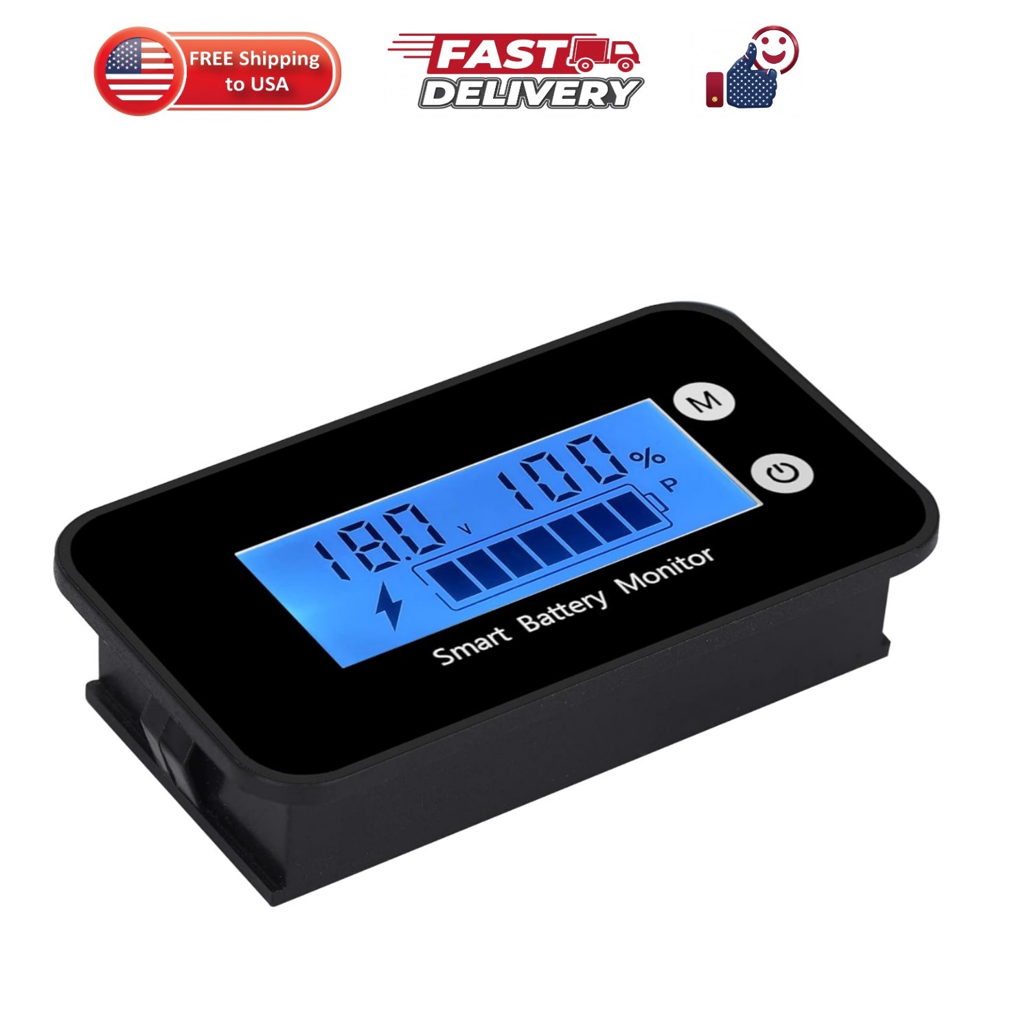 7-100V Waterproof Battery Monitor Blue LCD with Buzzer Alarm &Temp
