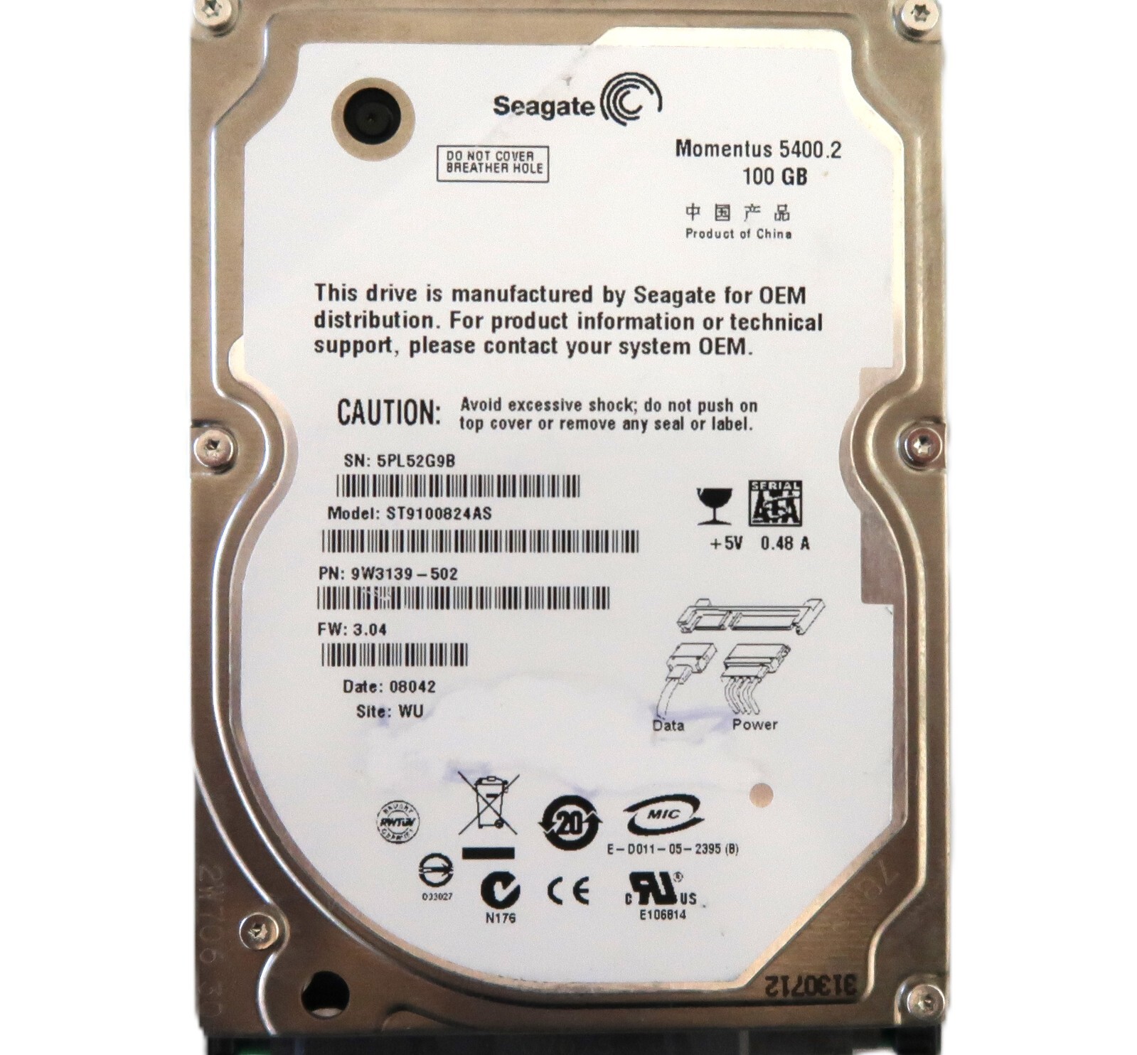 Seagate ST9100824AS 9W3139-502 FW:3.04 WU  100gb 2.5" Sata hard drive JUL/2007