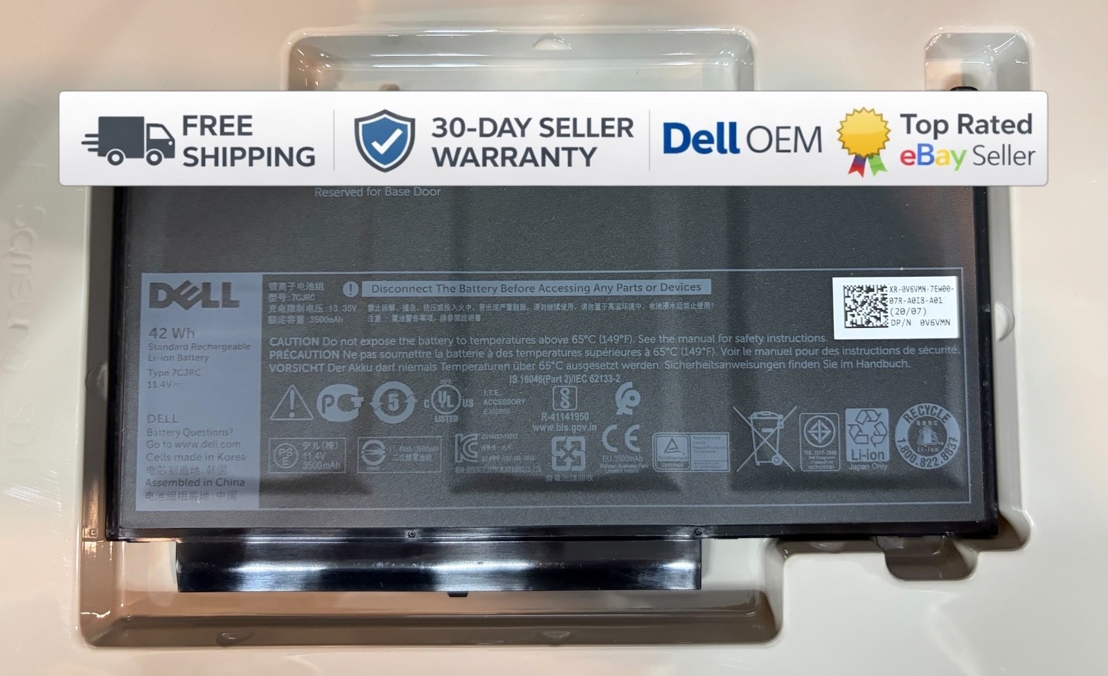 Dell Latitude E7270 E7470 42Wh 11.4V 3-Cell Li-Ion Laptop Battery V6VMN 7CJRC