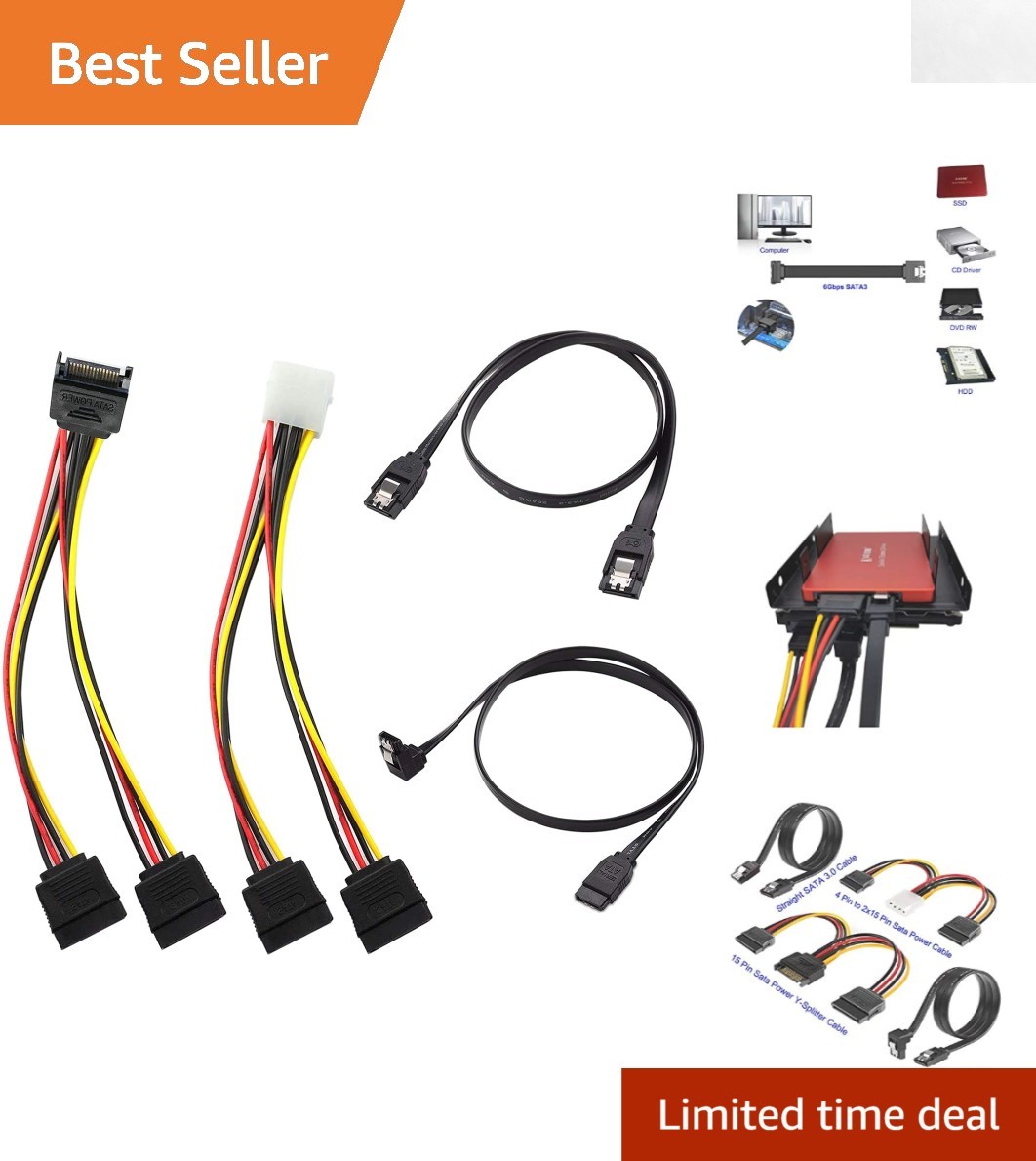 Reliable 4 Pack SATA III Data Cables: Latching Connectors & Dual Power Splitters