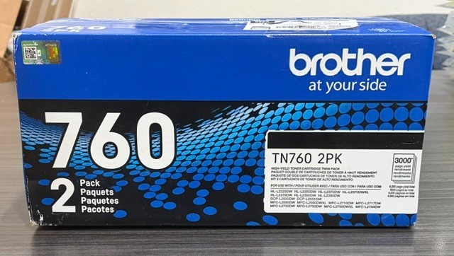 Genuine BROTHER TN760 2-PACK Black Toner Cartridges 3000 Page Yield
